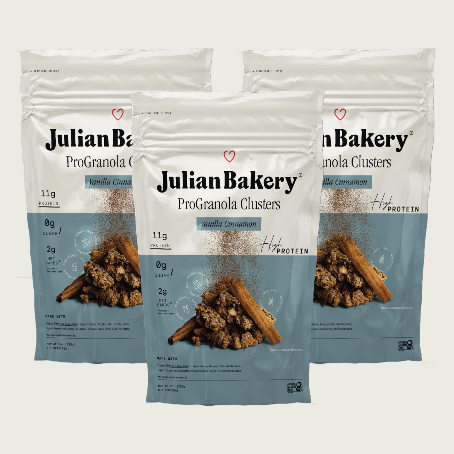 Julian Bakery ProGranola Cereal | Vanilla Cinnamon Cluster | 11g Protein | 2 Net Carbs | Gluten-Free | Grain-Free | 9oz (3 PACK)