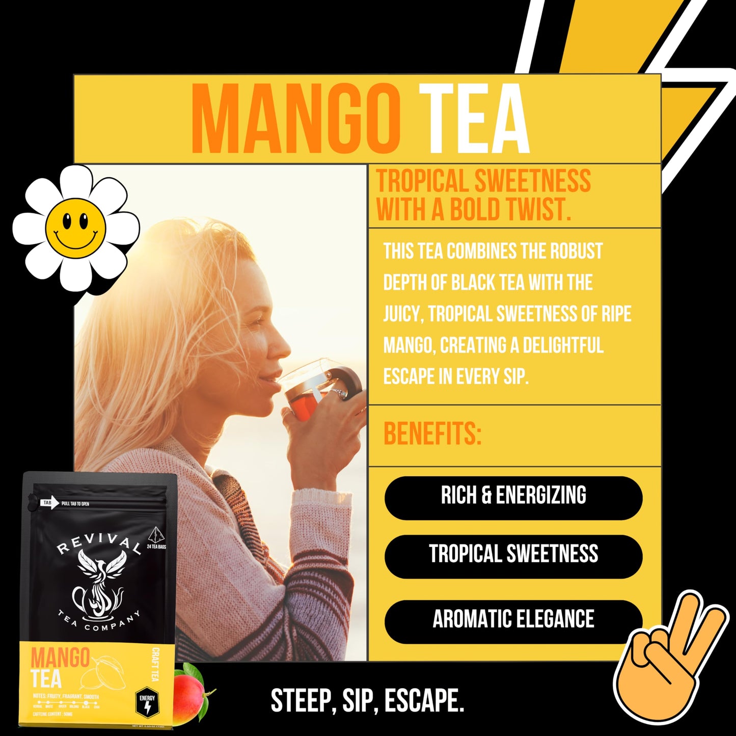 Revival Tea Company Mango Tea - Black Tea Blend with Real Mango - 24 Tea Bags