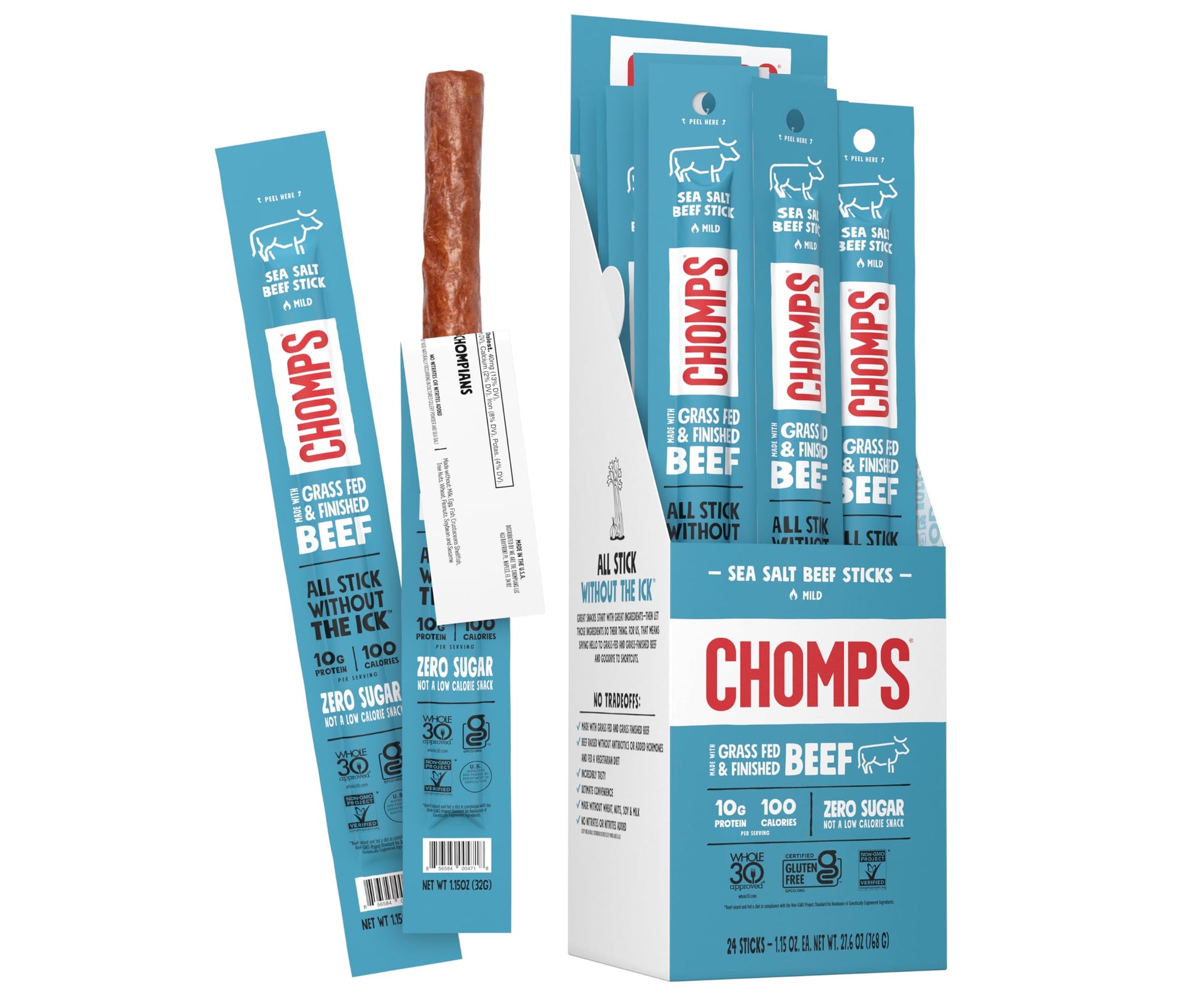 Chomps Grass Fed Beef Jerky Snack Sticks, Keto, Gluten Free, Low Carb, 1.15 Oz, Pack of 24