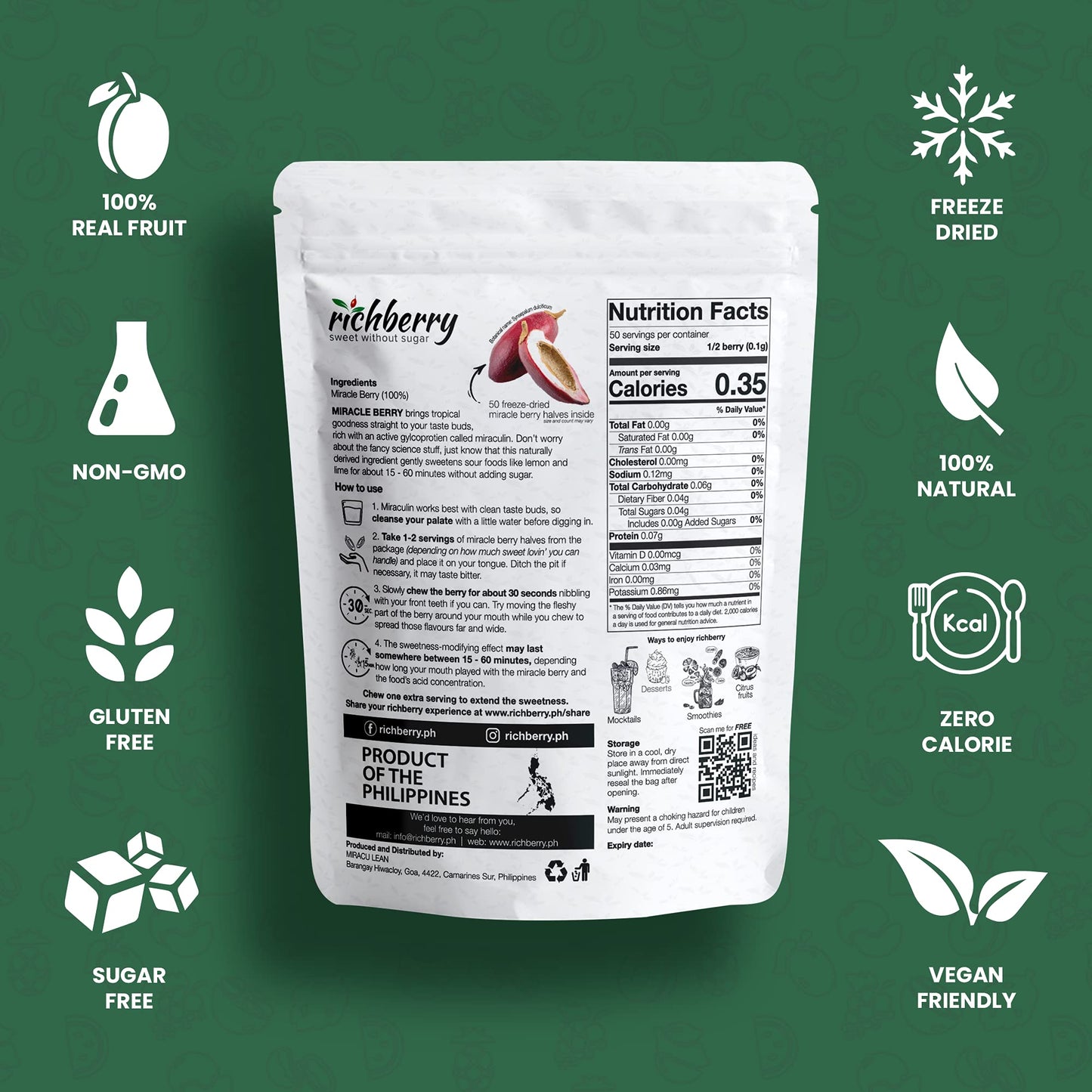 Berry By Richberry, 50-Halves, Freeze Dried Enhanced Fruits, 100% Real Fruit, No Preservatives, Naturally Sweetens Sour Food, Great For Snacks And Taste Tripping
