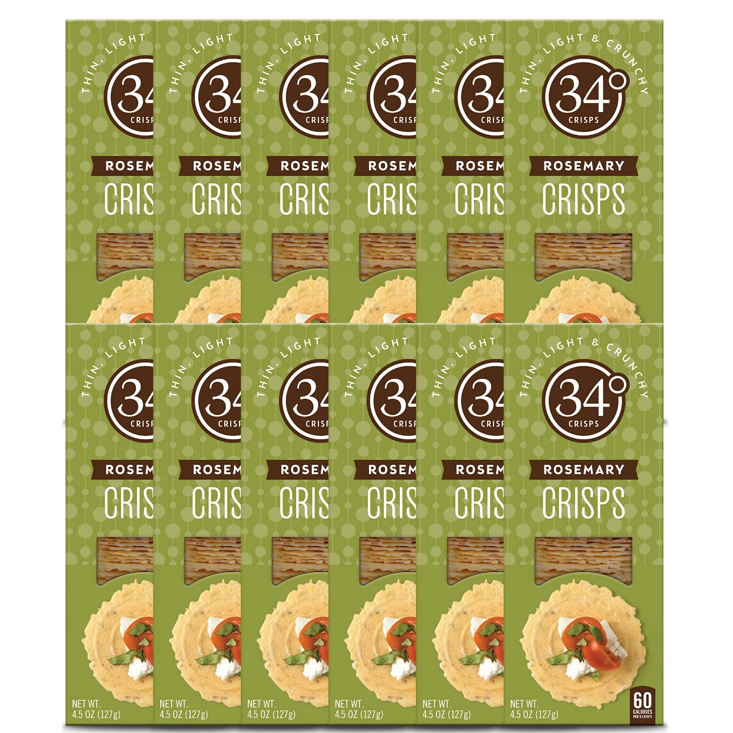 34 Degrees Crisps | Rosemary Crisps | Thin, Light & Crunchy Rosemary Crisps, 12 Pack (4.5oz)
