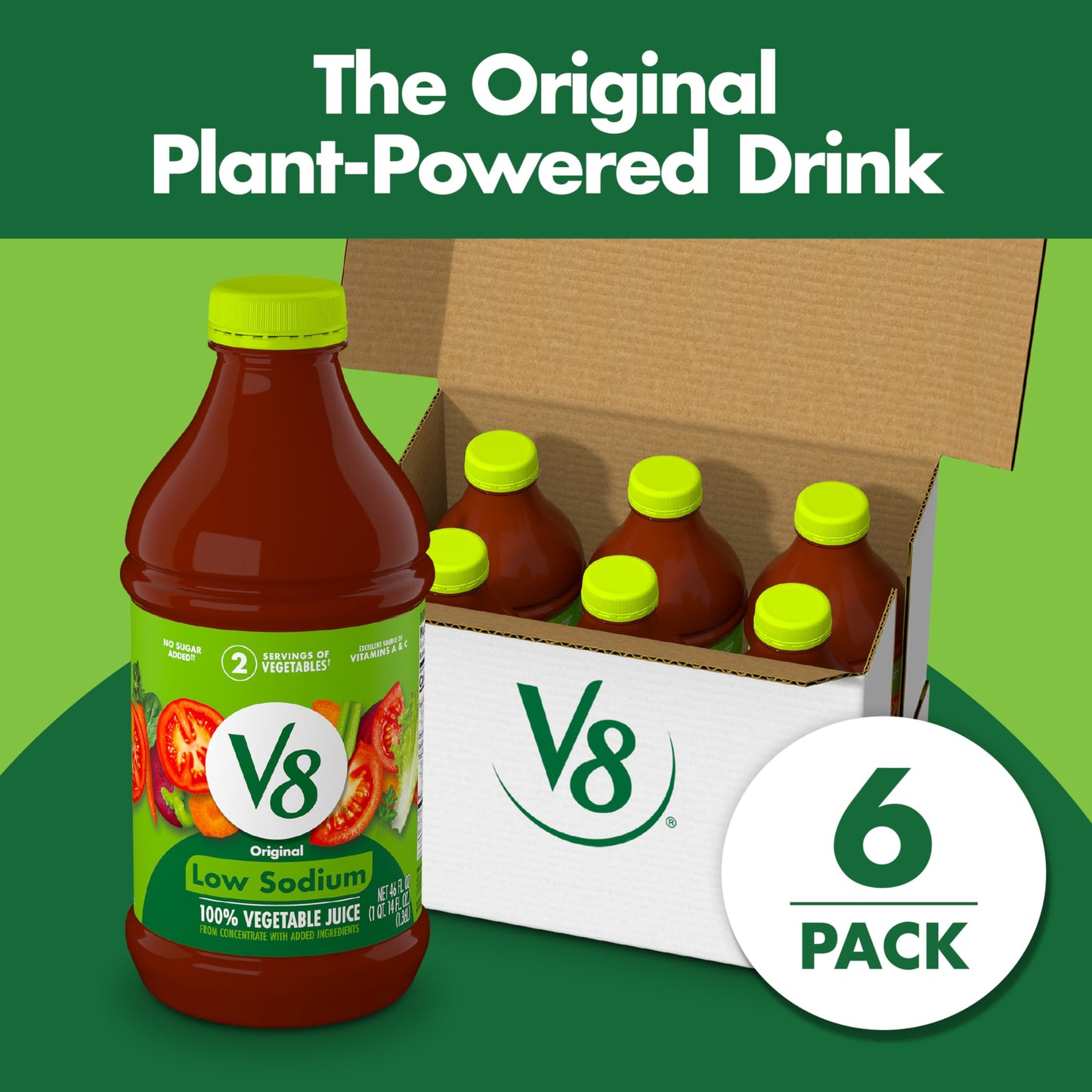 V8 Low Sodium Original 100% Vegetable Juice, 46 fl oz Bottle (Case of 6)