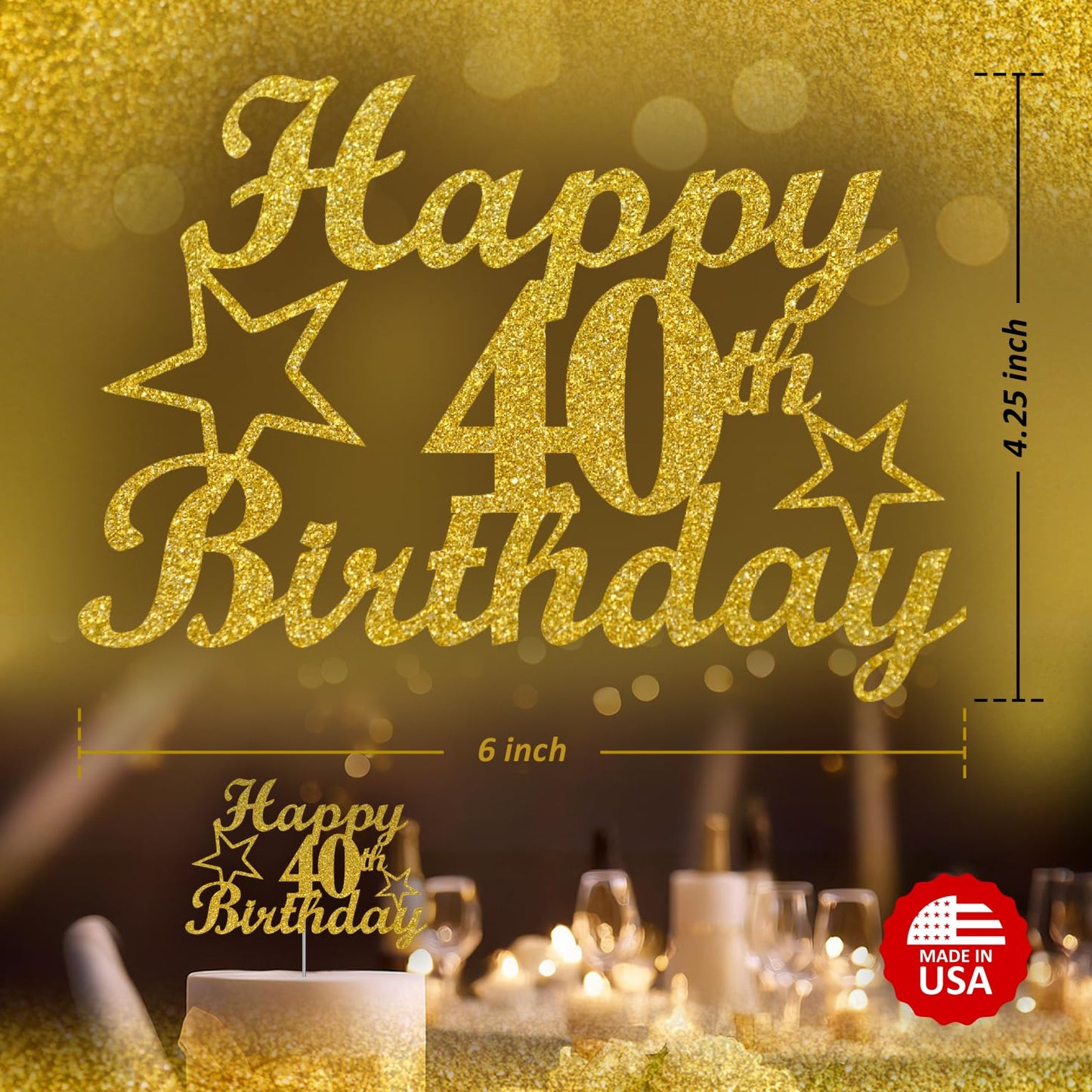 RokAPary 40 Birthday Cake Topper Gold Glitter, Acrylic, 1 Count, Sturdy Double-Sided, Made in USA