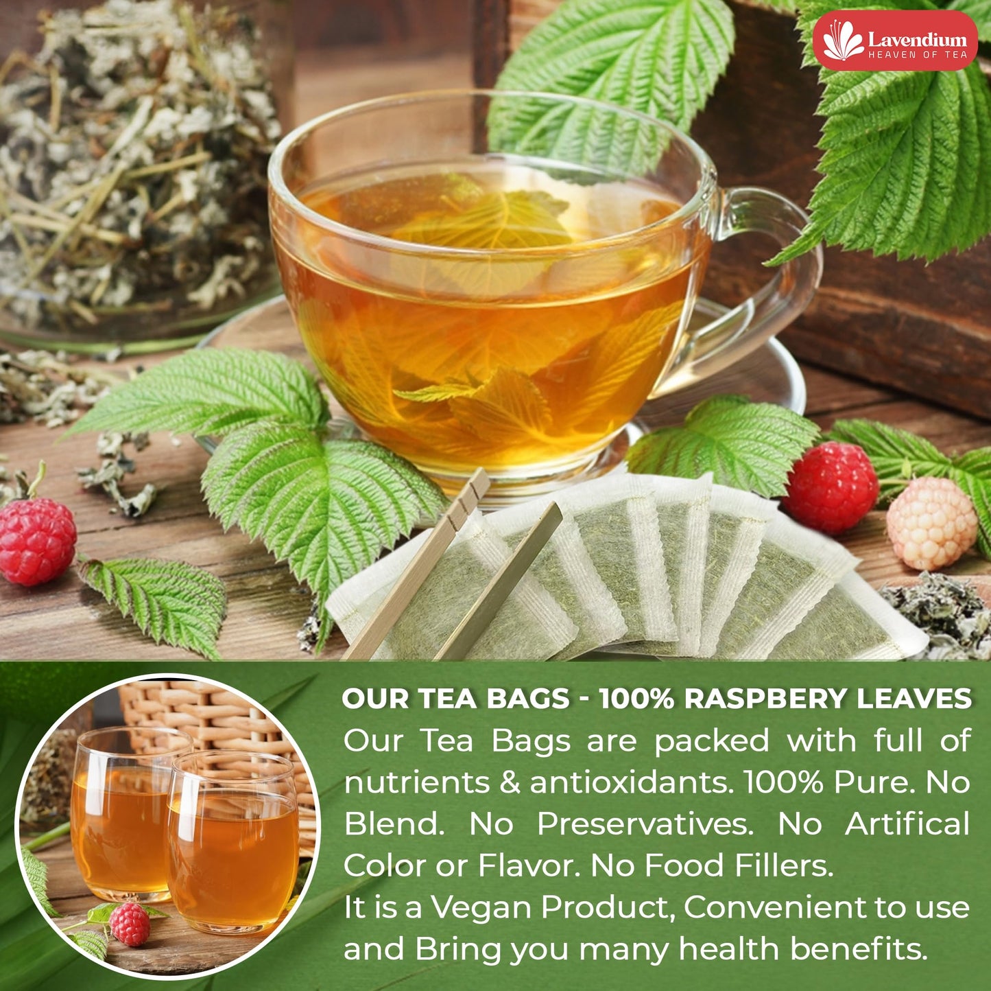 Lavendium Raspberry Leaf Tea Bags, 100% Natural, Caffeine-Free, Vegan, 60 Count