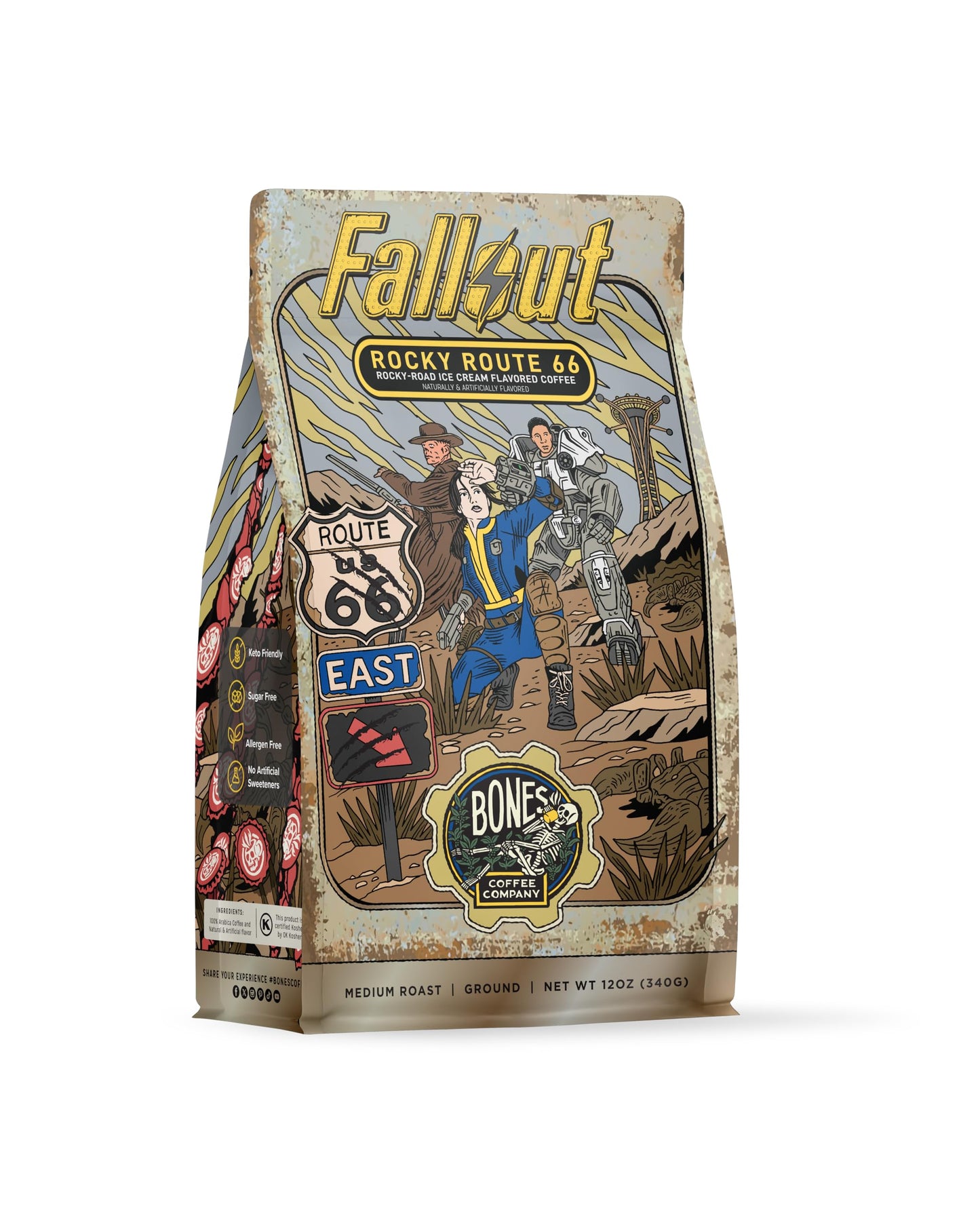 Bones Coffee Company Fallout Rocky Route 66  Rocky Road Flavored Coffee  Medium Roast Low Acid Arabica Beans Compatible With Auto Drip And French Press Coffee Maker  12 Oz Ground