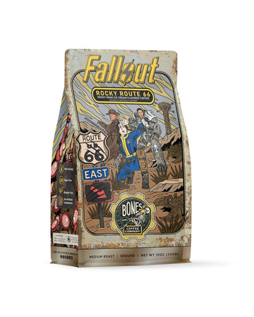 Bones Coffee Company Fallout Rocky Route 66  Rocky Road Flavored Coffee  Medium Roast Low Acid Arabica Beans Compatible With Auto Drip And French Press Coffee Maker  12 Oz Ground
