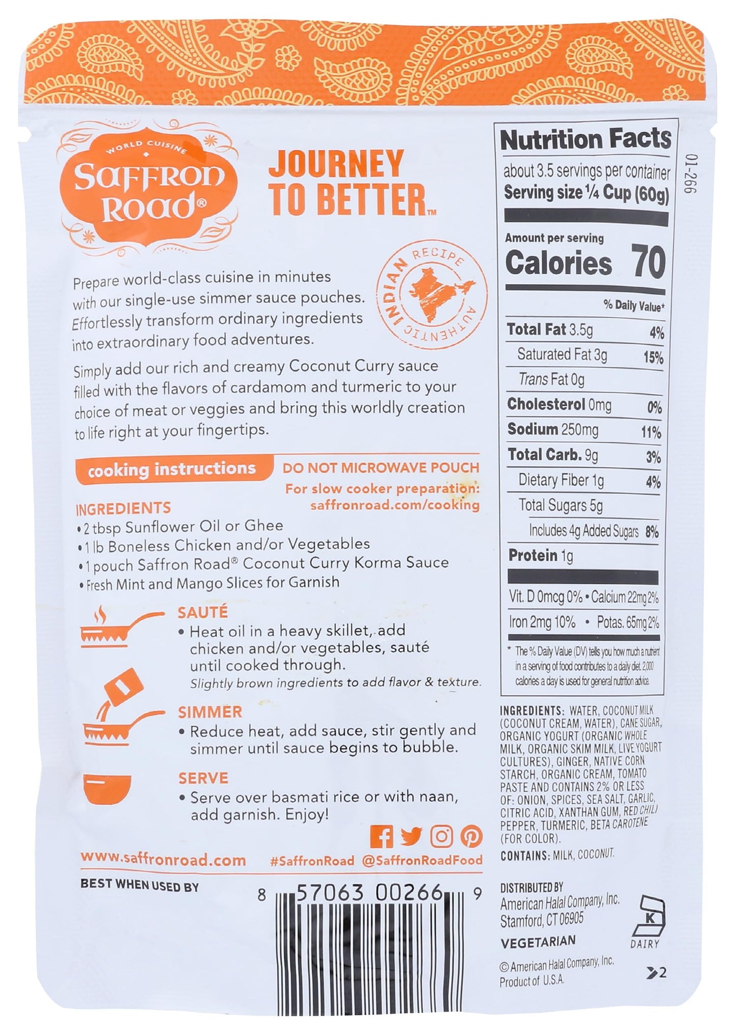Saffron Road Coconut Curry Simmer Sauce, 7Oz - Non-Gmo, Gluten Free, Halal, Kosher, Vegetarian