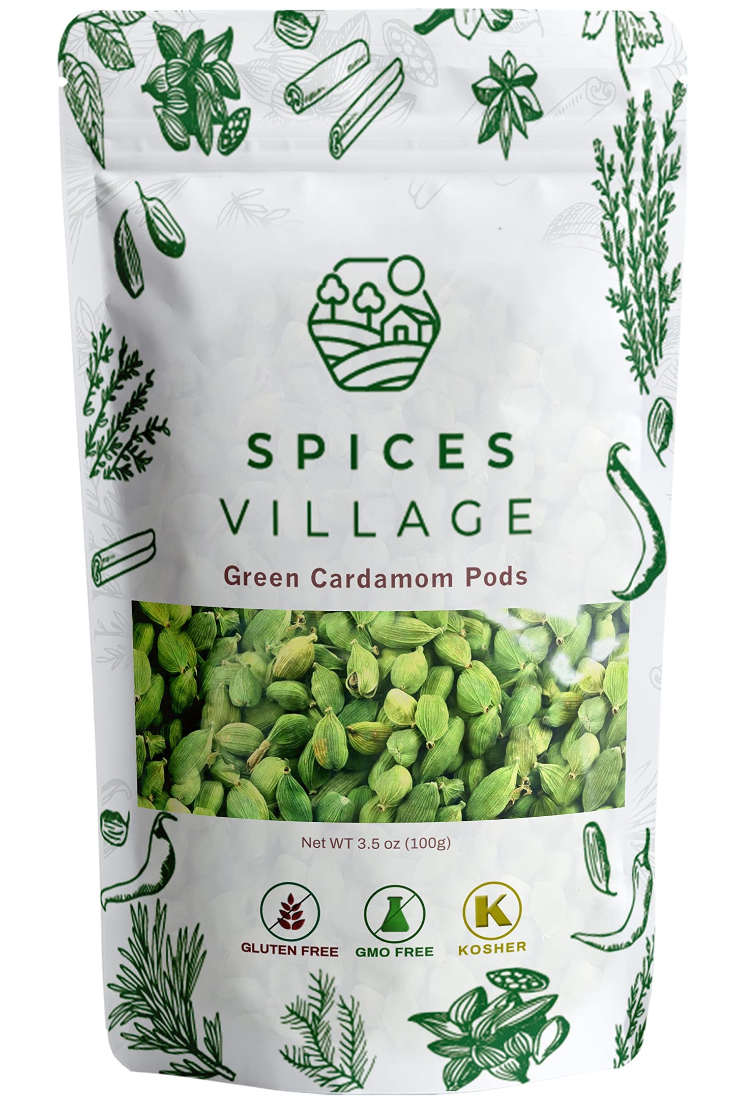 Spices Village Green Cardamom Pods Whole Spice, 3.5 oz, All Natural, Kosher, Gluten Free, Vegan, Non-GMO, Resealable Bulk Bag