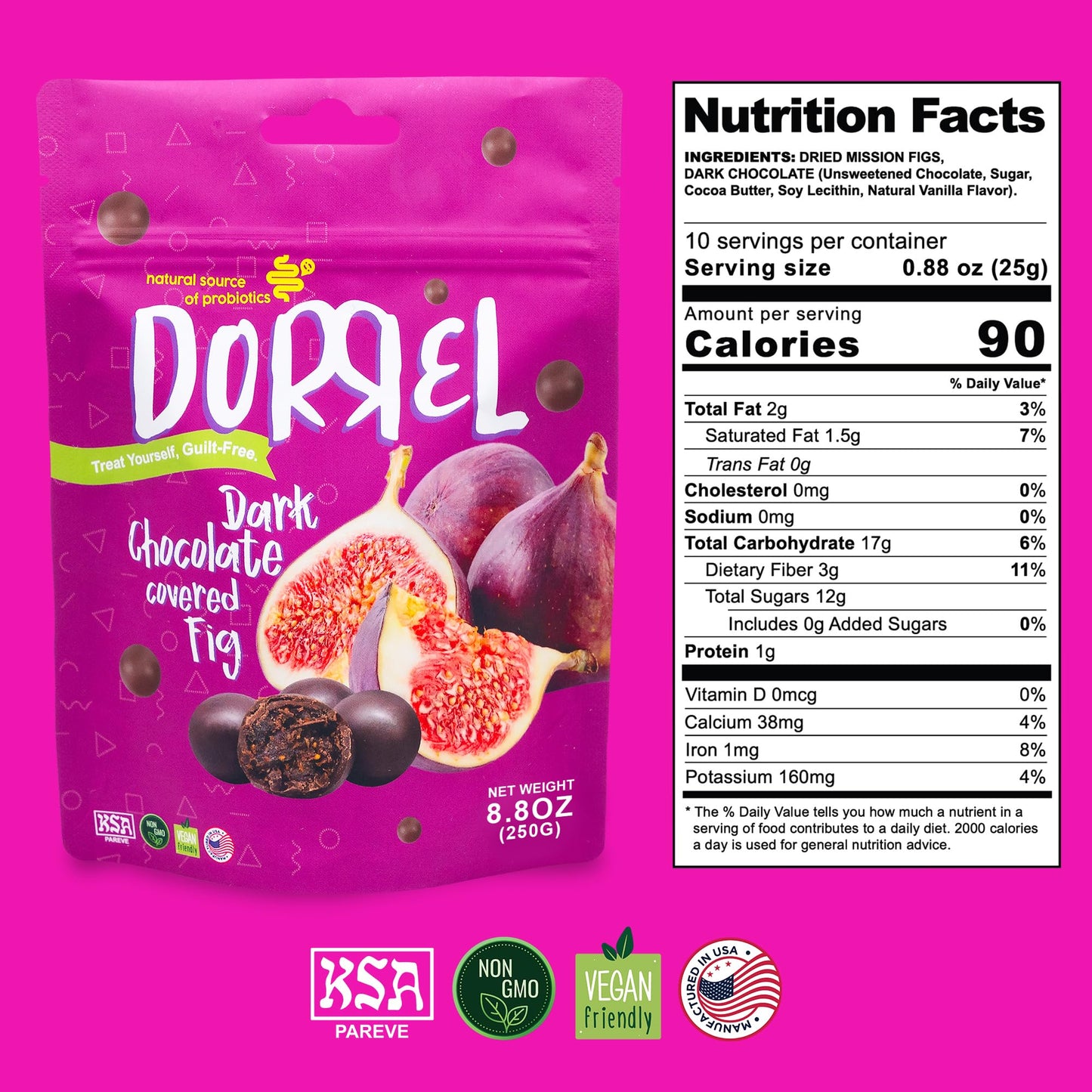 Dorrel Dark Chocolate Covered Figs - Organic, Vegan, Non-GMO - Healthy Snack - 8.8 Ounce - 1 Pack