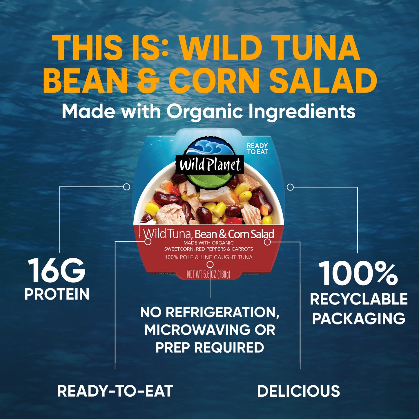Wild Planet Ready-to-Eat Wild Tuna, Bean & Corn Salad with Organic Sweetcorn, Red Peppers and Carrots, 5.6oz (Pack of 12)