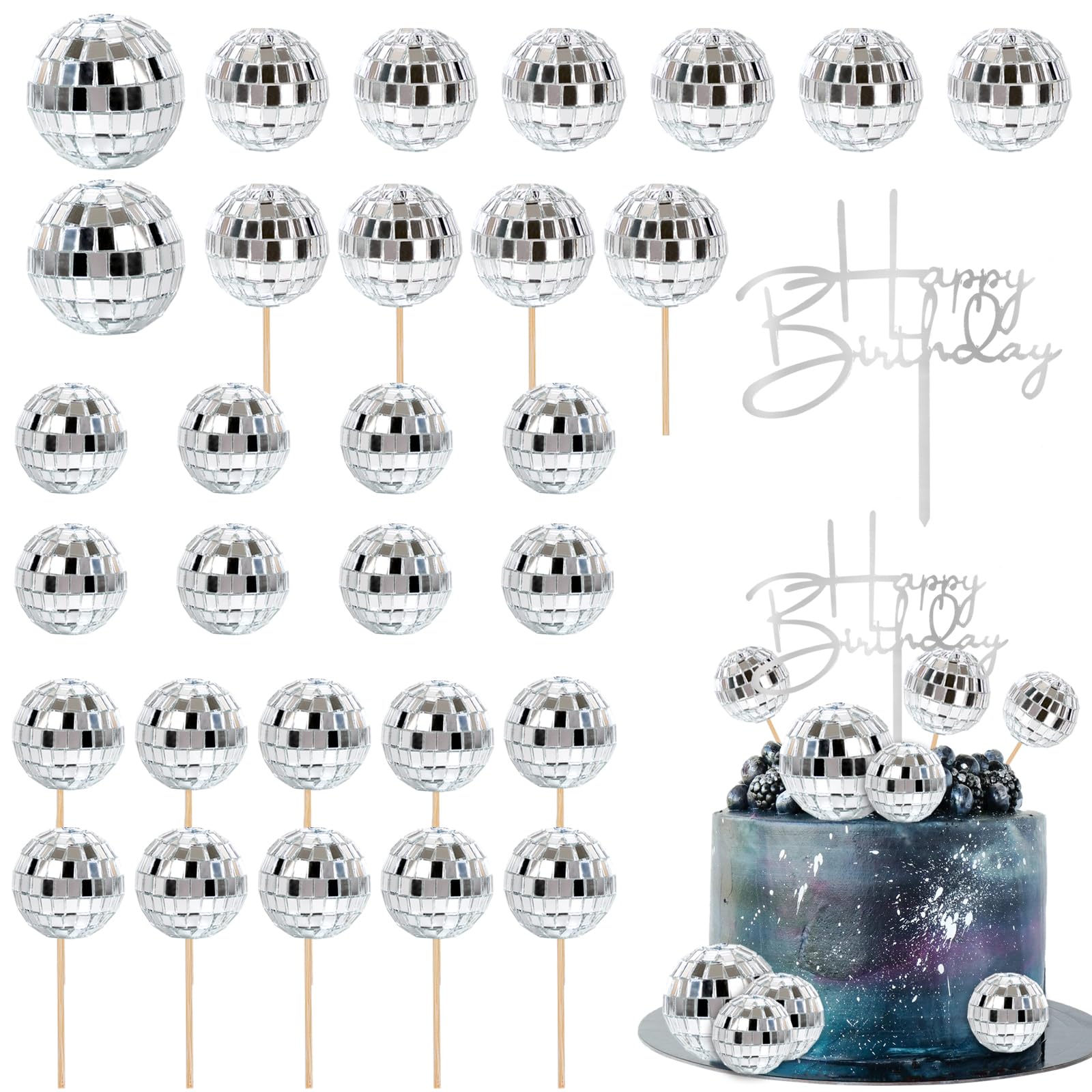 31Pcs Disco Ball Cake Toppers Happy Birthday Cake Topper 1970S Disco Ball Cake Picks Theme Cake Decor For Disco Theme Party Favo