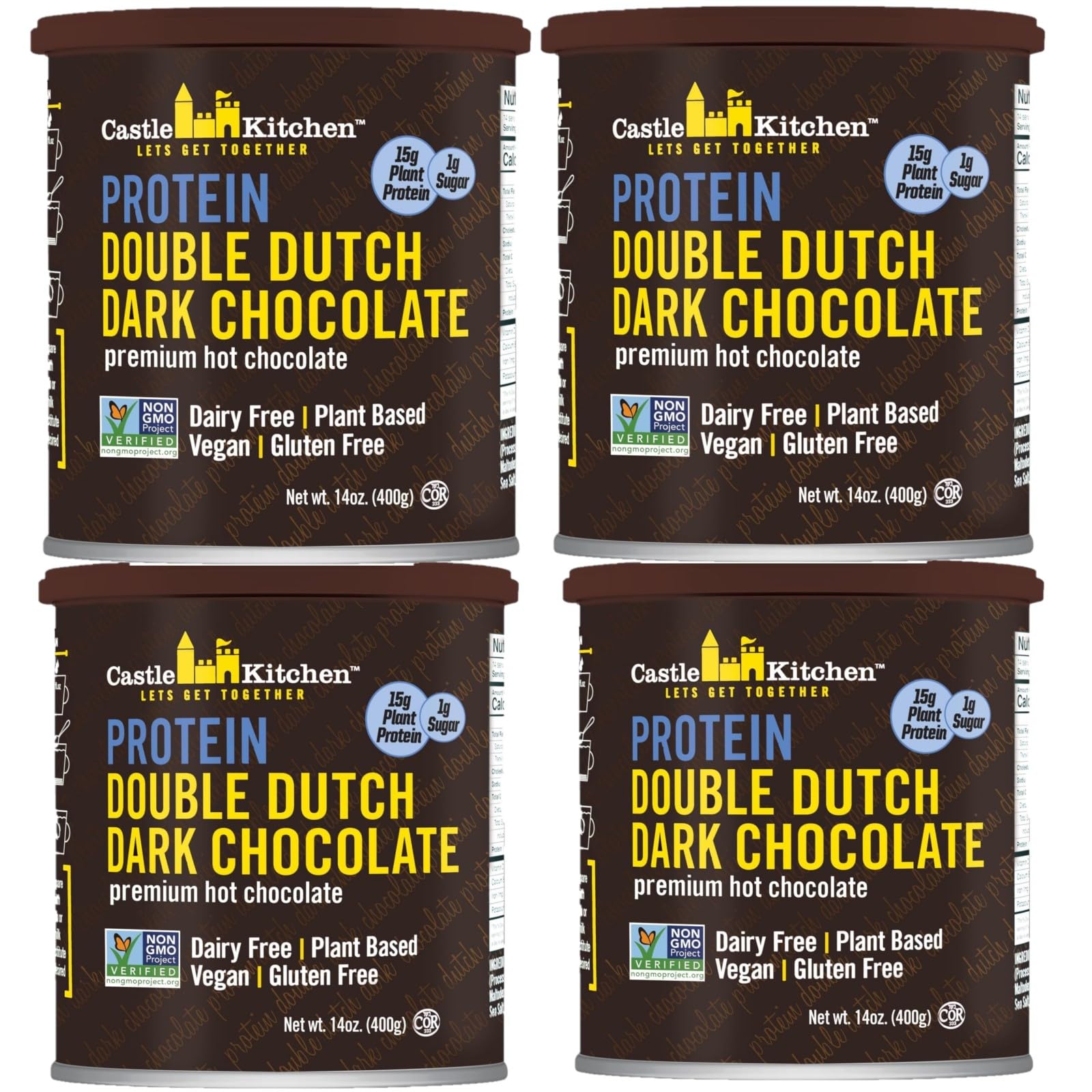 Castle Kitchen Protein Hot Chocolate - Vegan, Low Carb, Keto Friendly, 4 Pack (9oz Each)