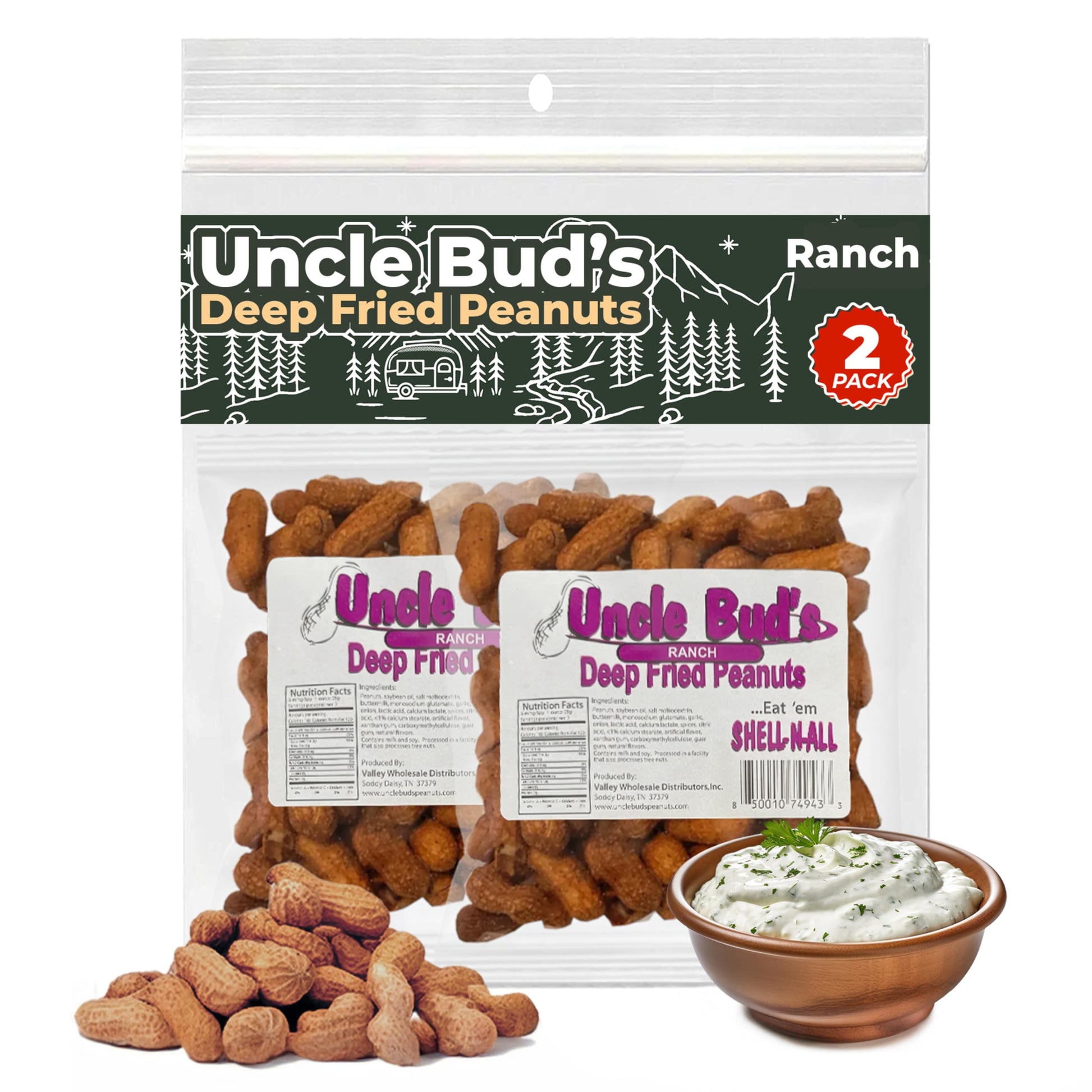 Jerky-n-Spice Deep Fried Peanuts in Shell, Ranch Flavor, 2-Pack, 7 oz per bag, High-Protein Snack, USA Made