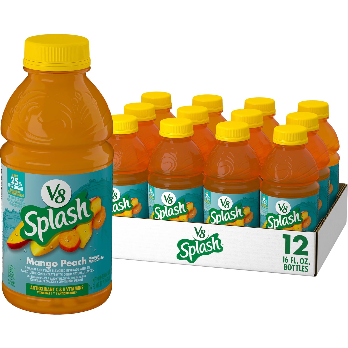 V8 Splash Mango Peach Juice Beverage, 16 Fl Oz Bottle, Pack of 12