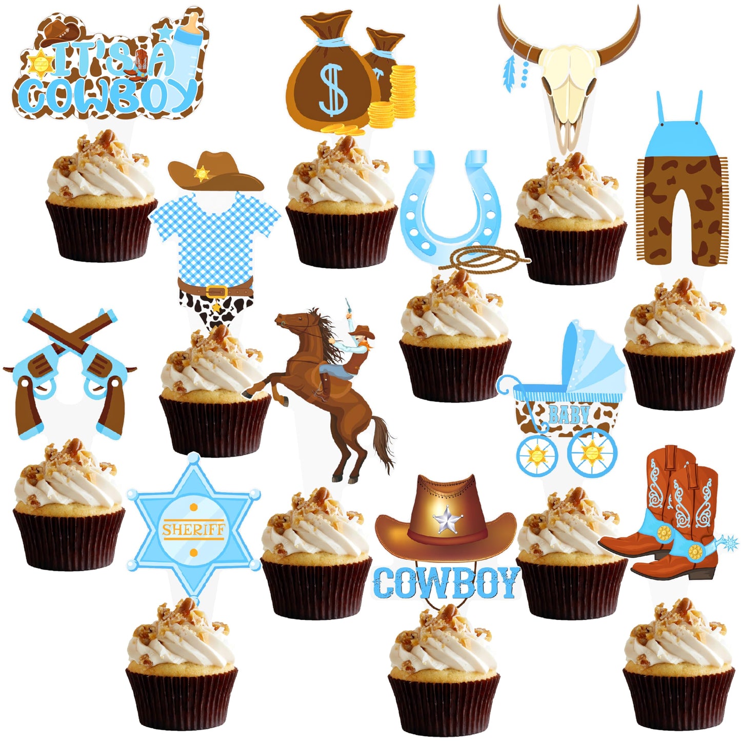48Pcs Cowboy Baby Shower Cupcake Toppers Western Theme Cupcake Toppers Cowboy Cake Decoration For Kids Cowboy Birthdays Party Ba