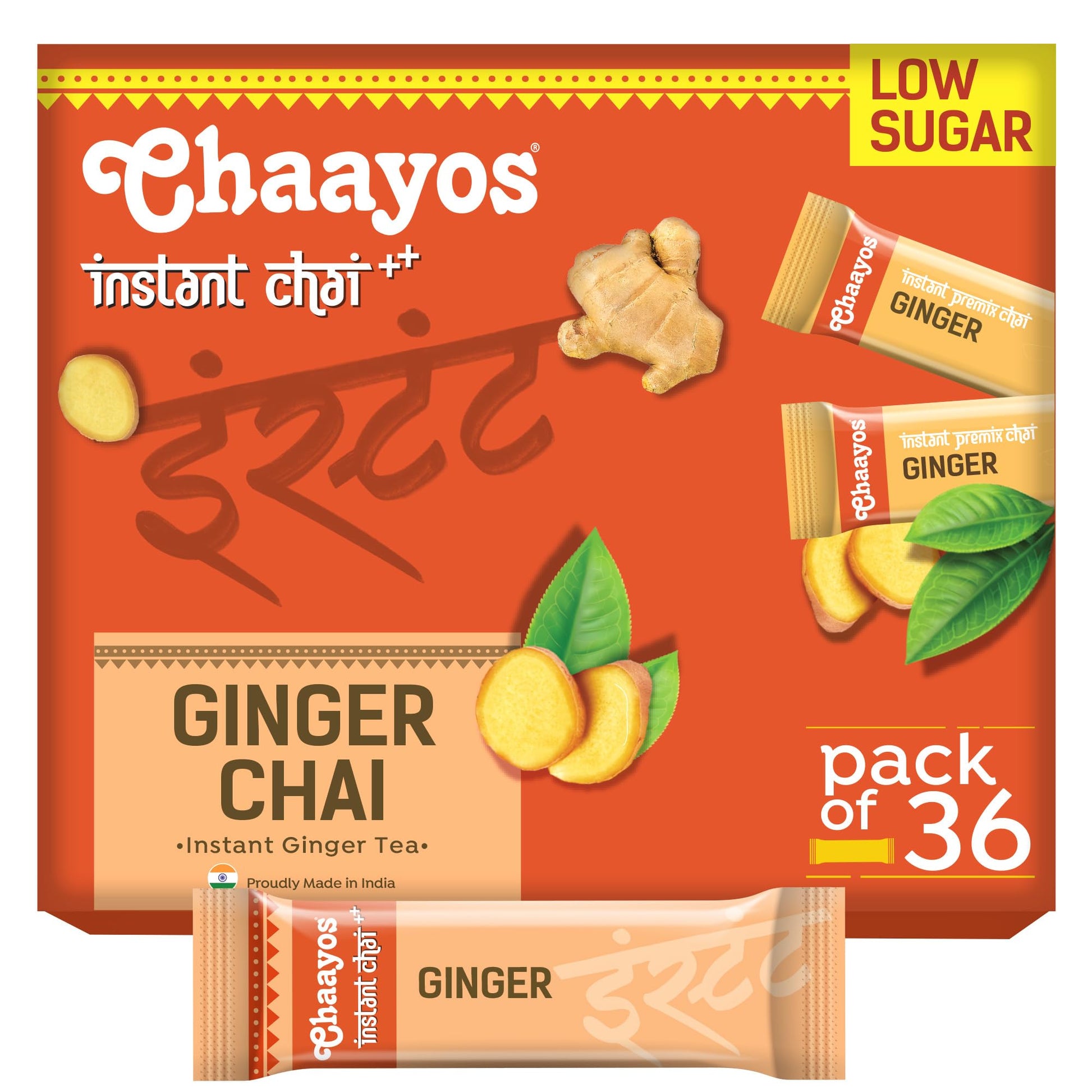 Chaayos Instant Tea Premix - Ginger Flavour - Low Sugar (36 Sachets) | Instant Tea | Tea Premix | Ginger Tea | Ginger Chai | Ass