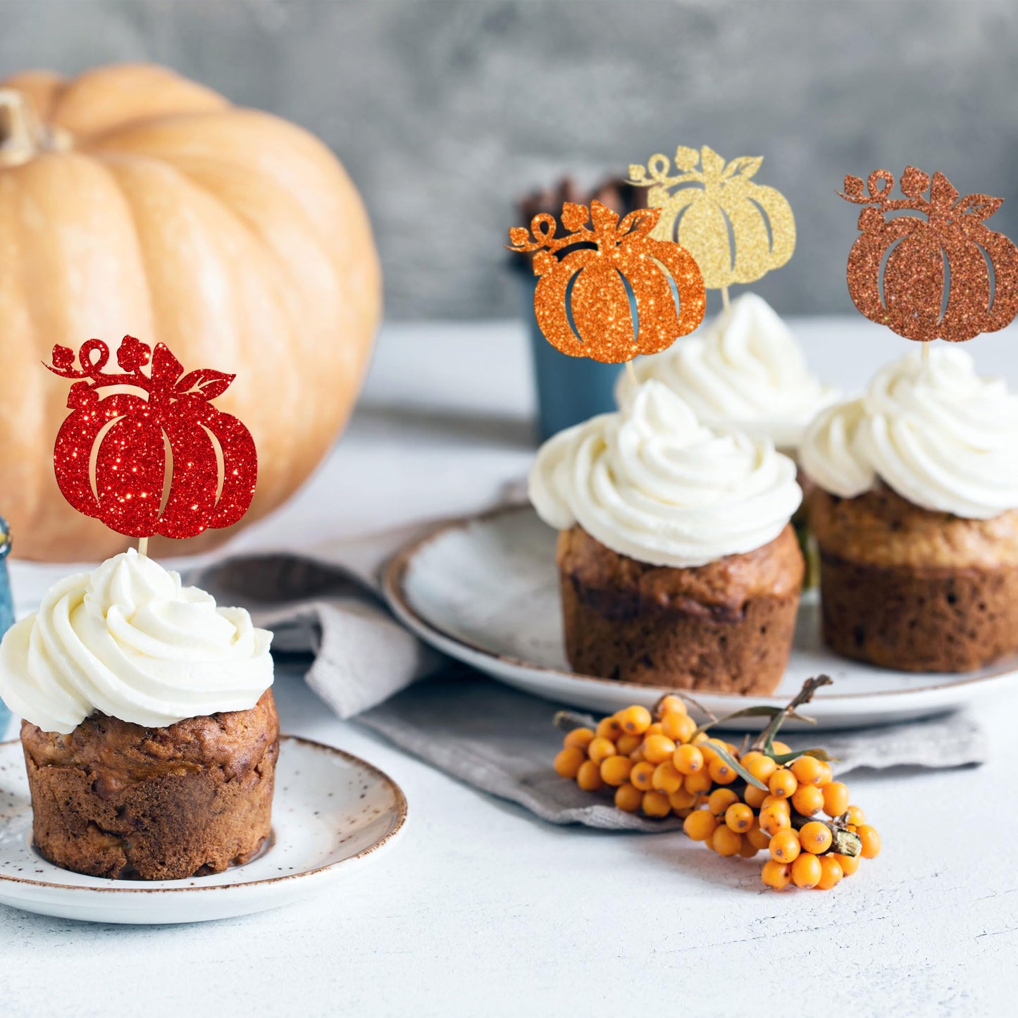 Gyufise 24Pcs Pumpkin Cupcake Toppers Glitter Fall Theme Pumpkin Cupcake Picks Autumn Fall Harvest Theme Baby Shower Kids Birthd
