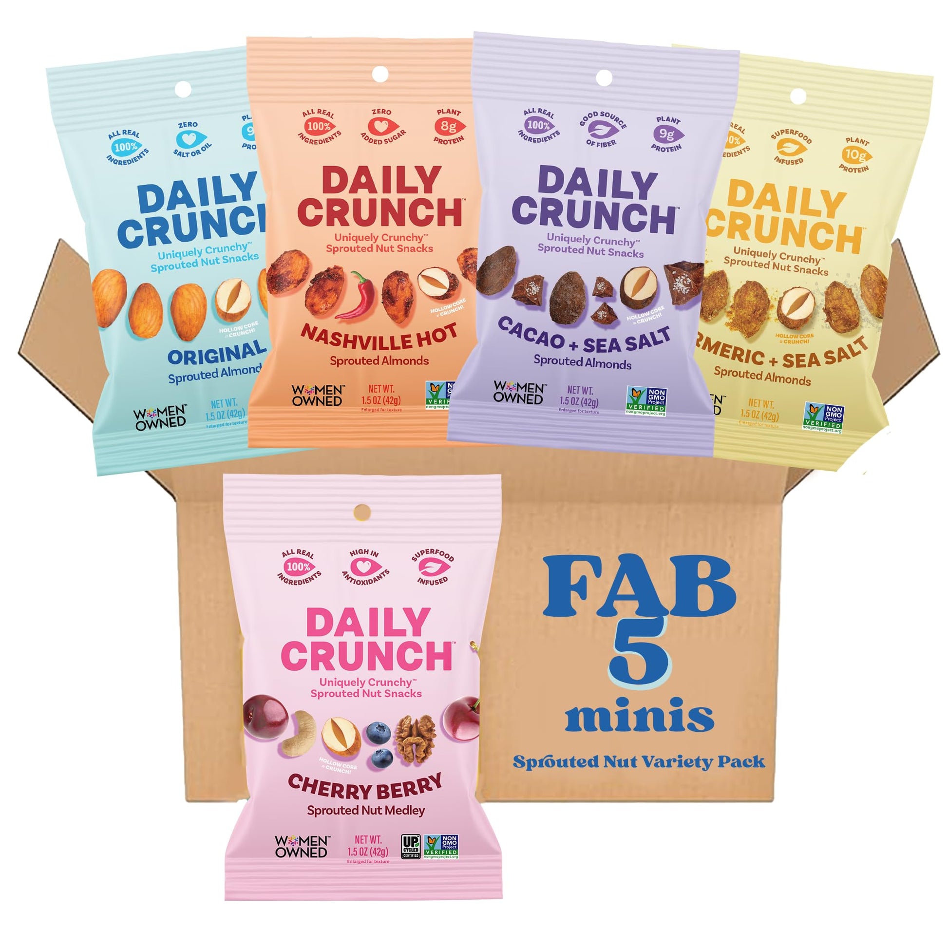 Daily Crunch Sprouted Almonds, 1.5 Ounce Mini, On-The-Go Bags (Variety Pack, 5 Pack) Contains: Original Sprouted, Cherry Berry, 