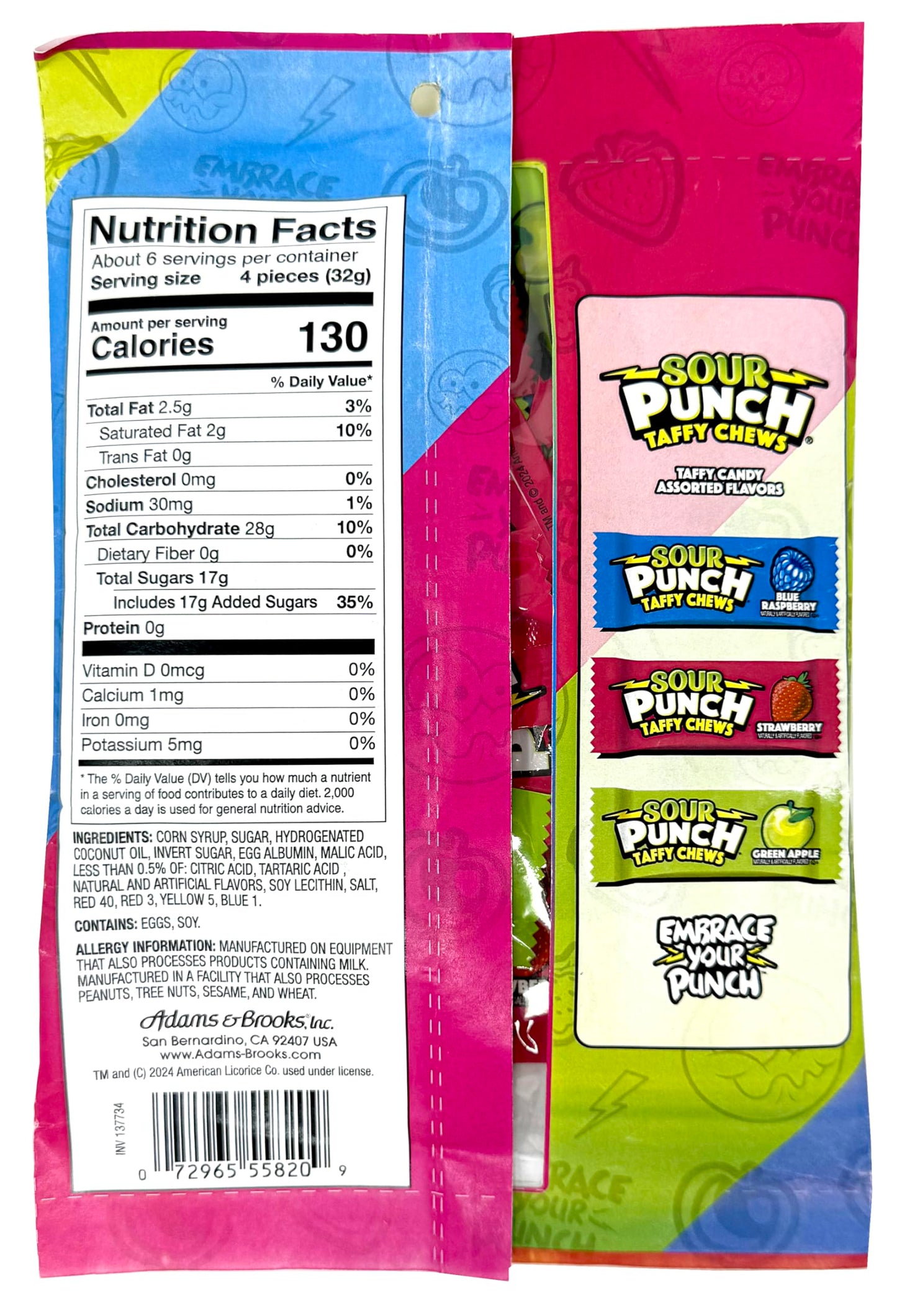 Adams & Brooks Sour Punch Chews Candy - Green Apple, Strawberry, Blue Raspberry - 7 Ounce Bag