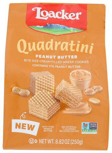 Loacker Quadratini Peanut Butter bite-size Wafer Cookies - 30% Less Sugar - Premium Crispy Wafers with Peanut Butter cream filli