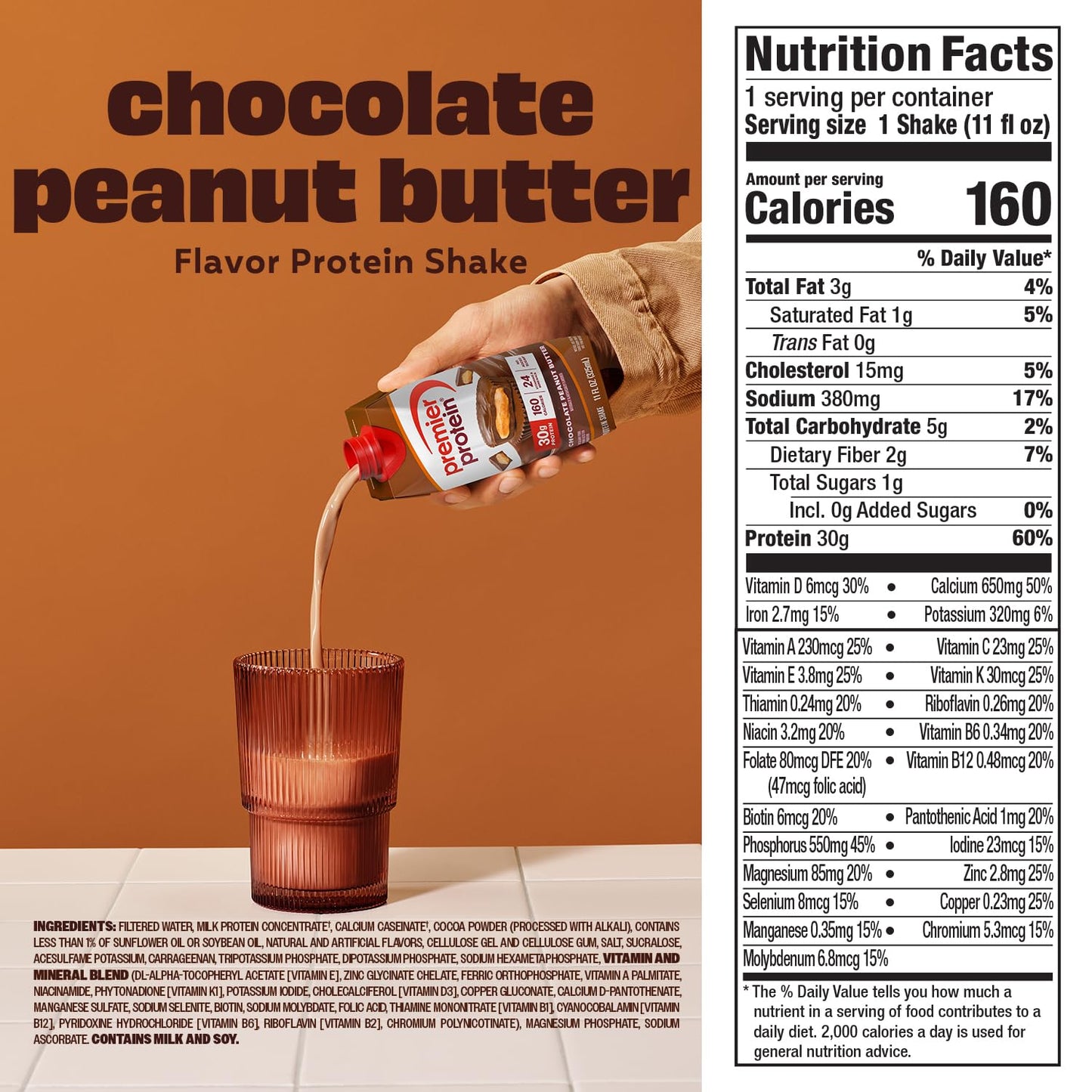 Premier Protein Shake, Chocolate Peanut Butter, 30g Protein, No Added Sugar, 24 Vitamins & Minerals to Support Immune Health, 11