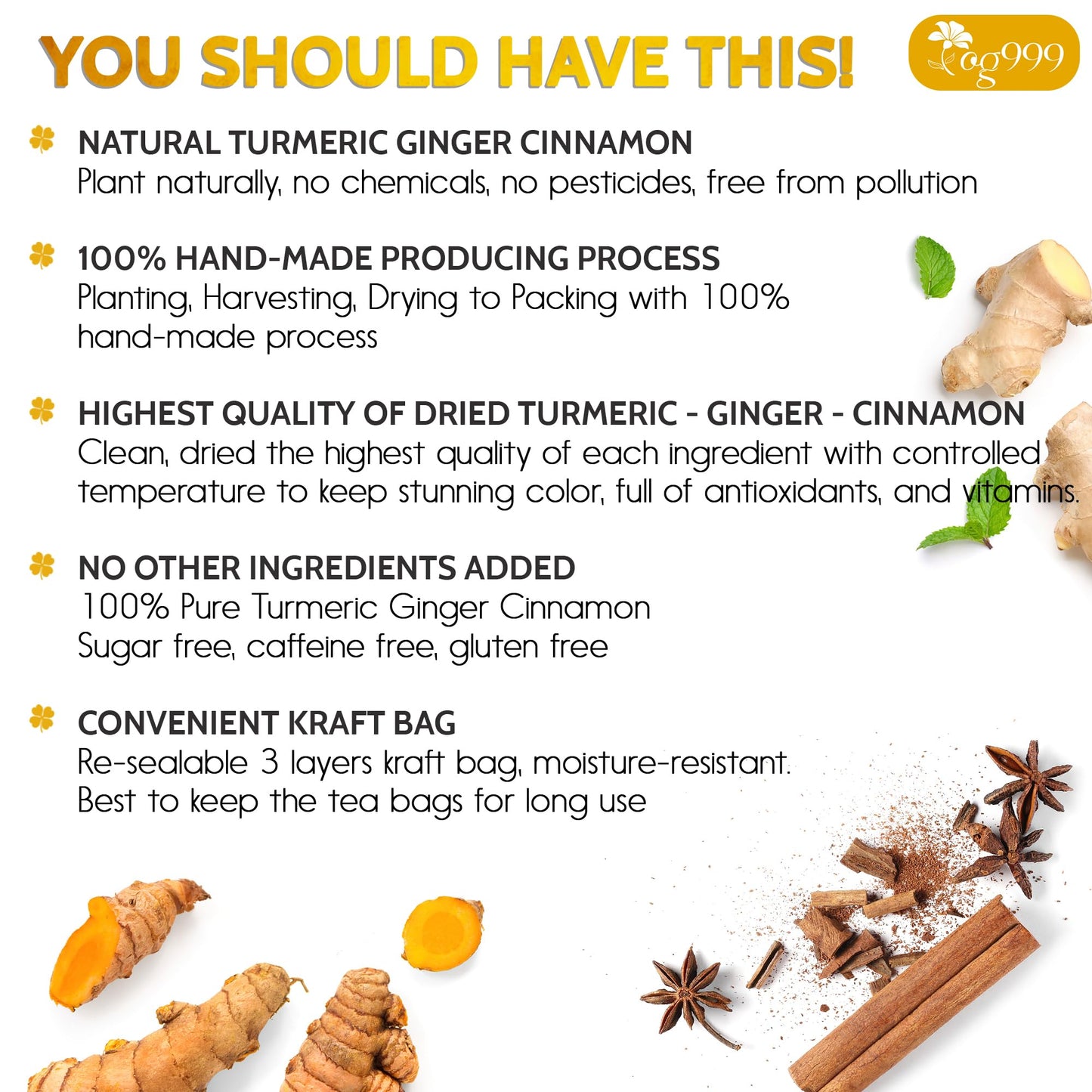 TOG999 Premium Turmeric Ginger Cinnamon Tea Bags, 60 Count, Eco-Conscious, Vegan, No Sugar, No Caffeine, No Gluten