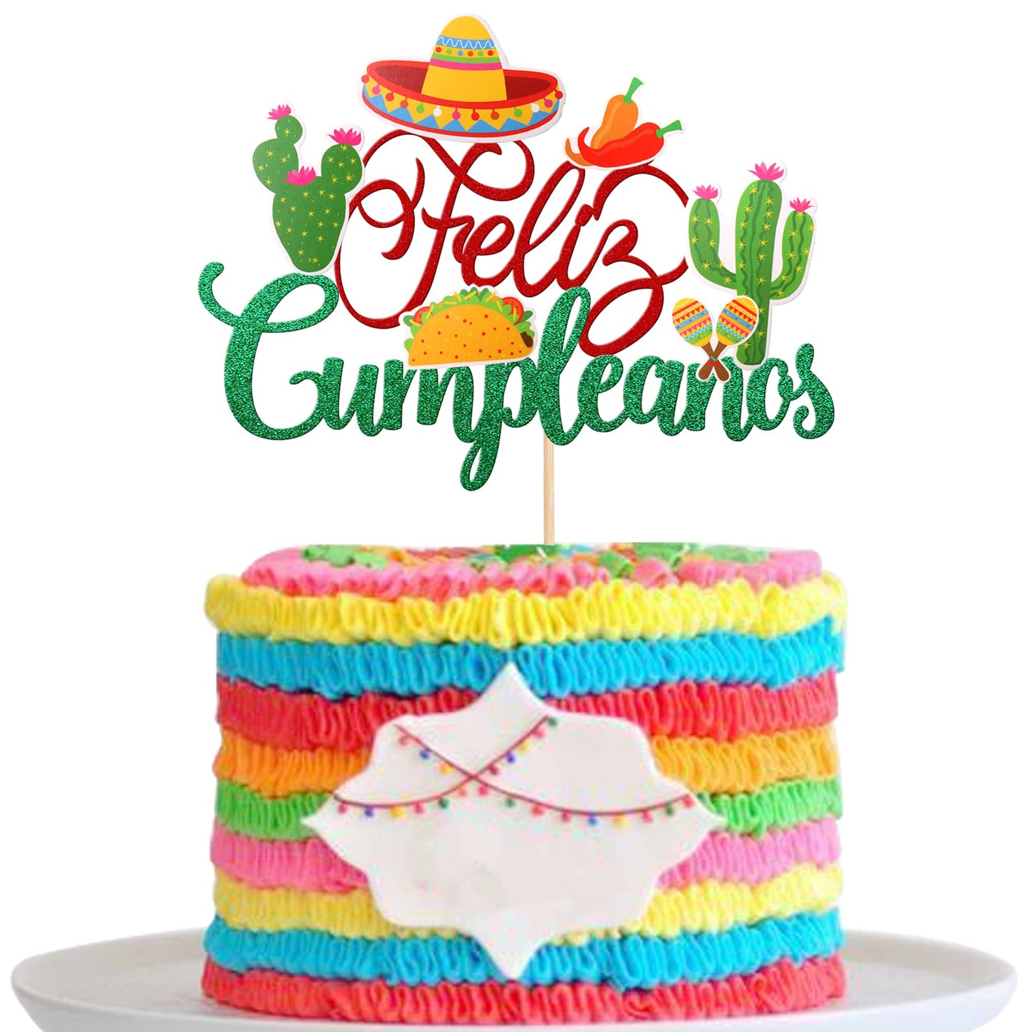 1 Pcs Spanish Feliz Cumpleanos Cake Topper Glitter Sombrero Cactus Mexican Fiesta Happy Birthday Cake Pick For Mexican Fiesta Th