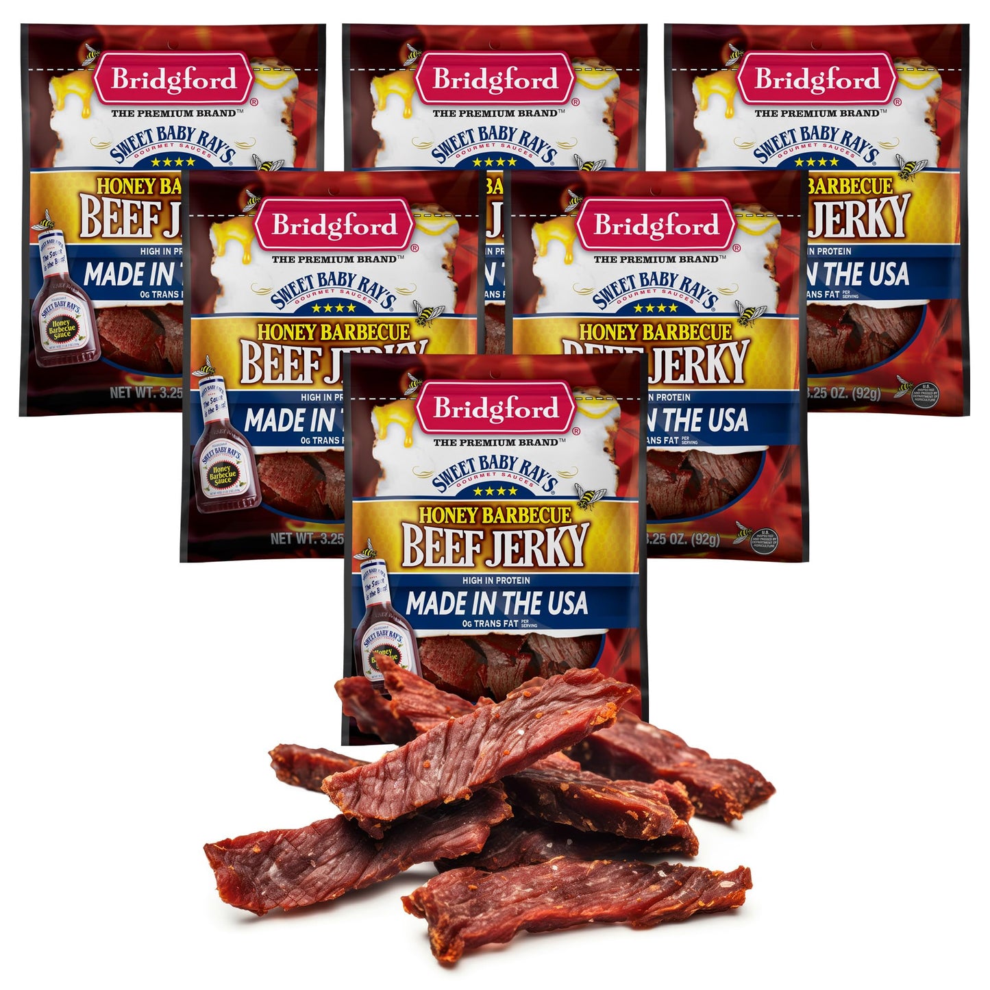 Bridgford Beef Jerky Honey BBQ, 3.25 oz Pack of 6, High Protein Snack, Naturally Smoked, Ready-to-Eat, On-the-Go Snacking