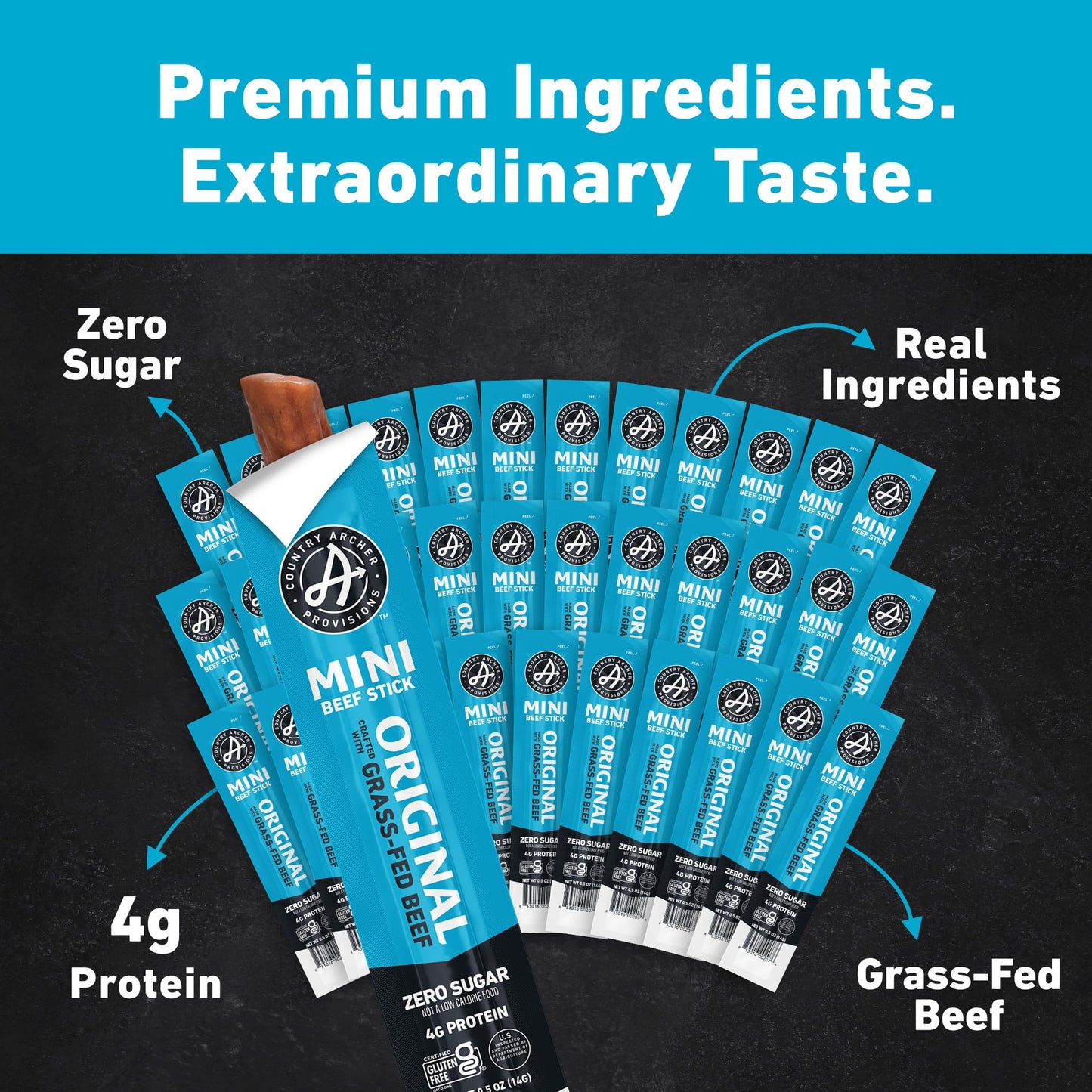 Country Archer Mini Beef Jerky Sticks, Grass Fed, Gluten Free, Paleo, Keto, 18 Ounce (Pack of 36), Individually Wrapped