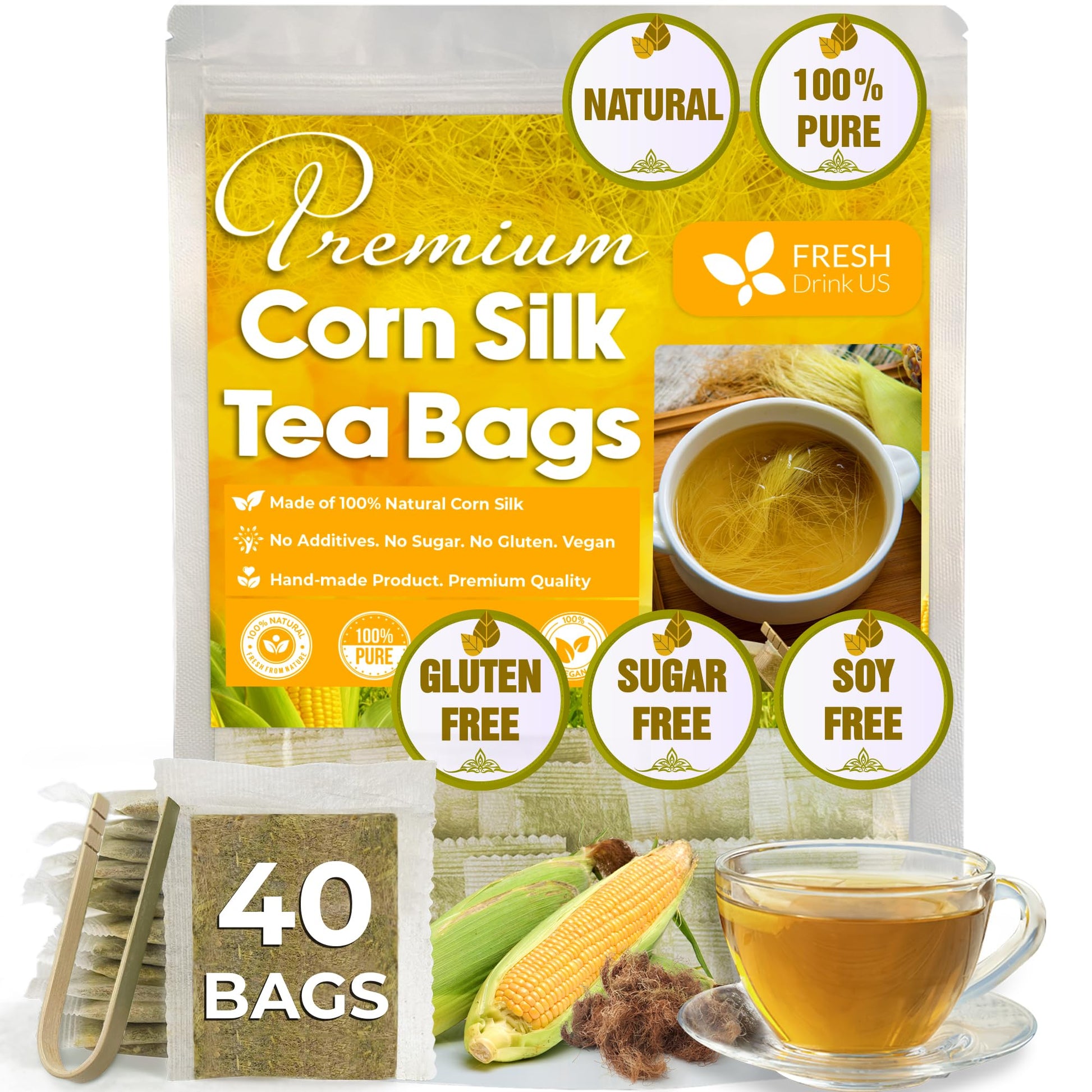FRESHDRINKUS Corn Silk Herbal Tea, 100% Natural, 40 Tea Bags, No Sugar, No Caffeine, Vegan