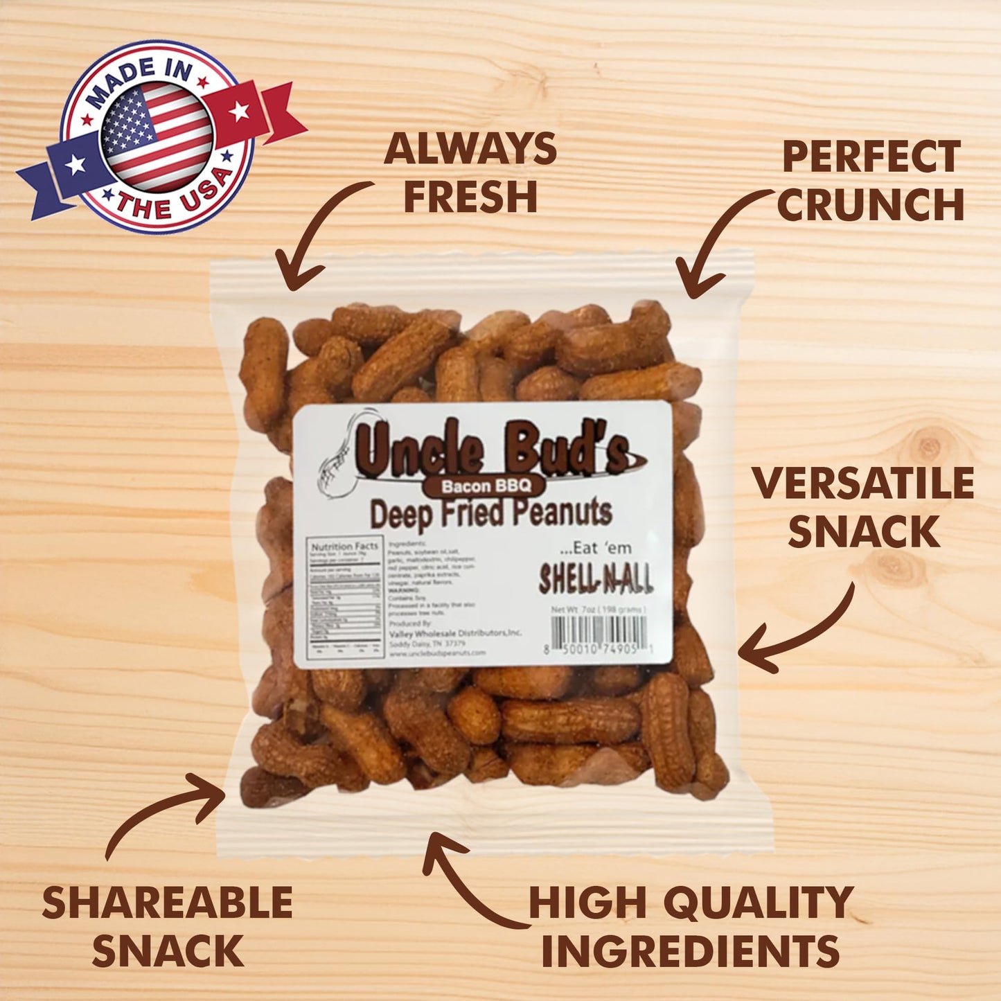 Jerky-n-Spice Uncle Buds Deep Fried Peanuts, Bacon BBQ Flavor, Organic, 4-Pack
