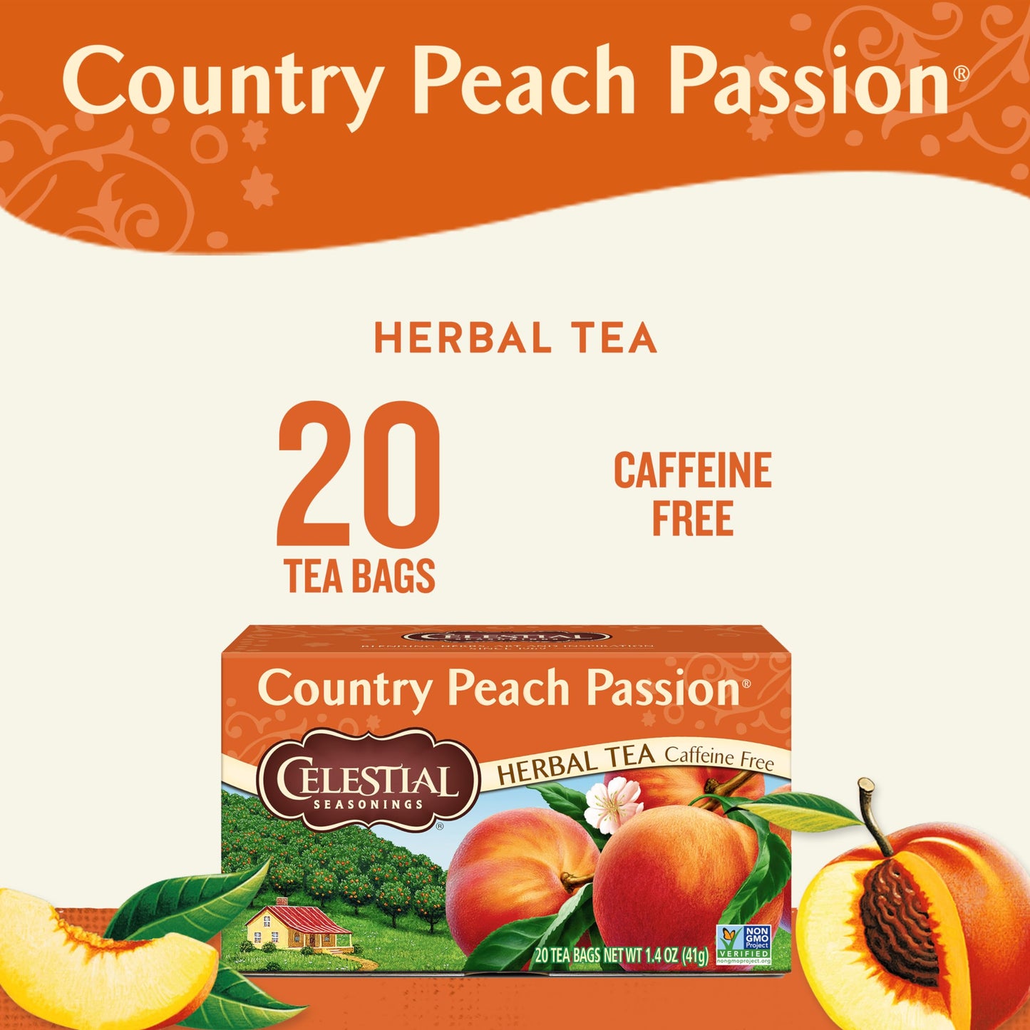 Celestial Seasonings Herbal Tea, Caffeine Free, Country Peach Passion, 20 Tea Bags, Pack of 6