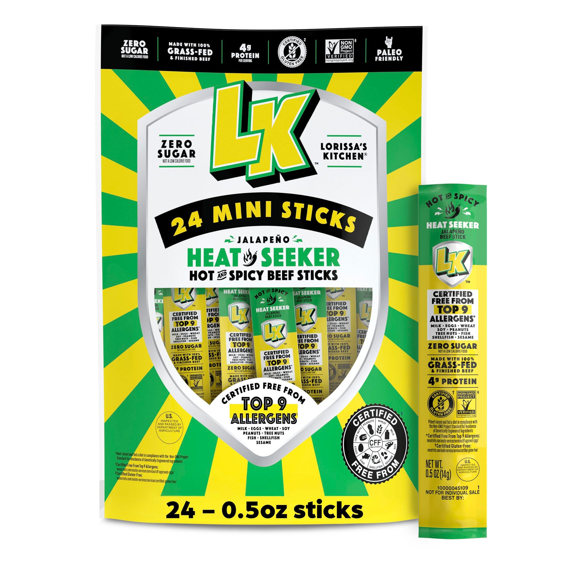 Lorissas Kitchen Beef Jerky Mini Sticks  enhanced Grass Fed & Finished  Original Jalapeo Flavor - 4g Protein  Stocking Stuffers  Free from Top 9 Allergens  Non-GMO  Gluten-Free  0.5 Oz (24 Count)