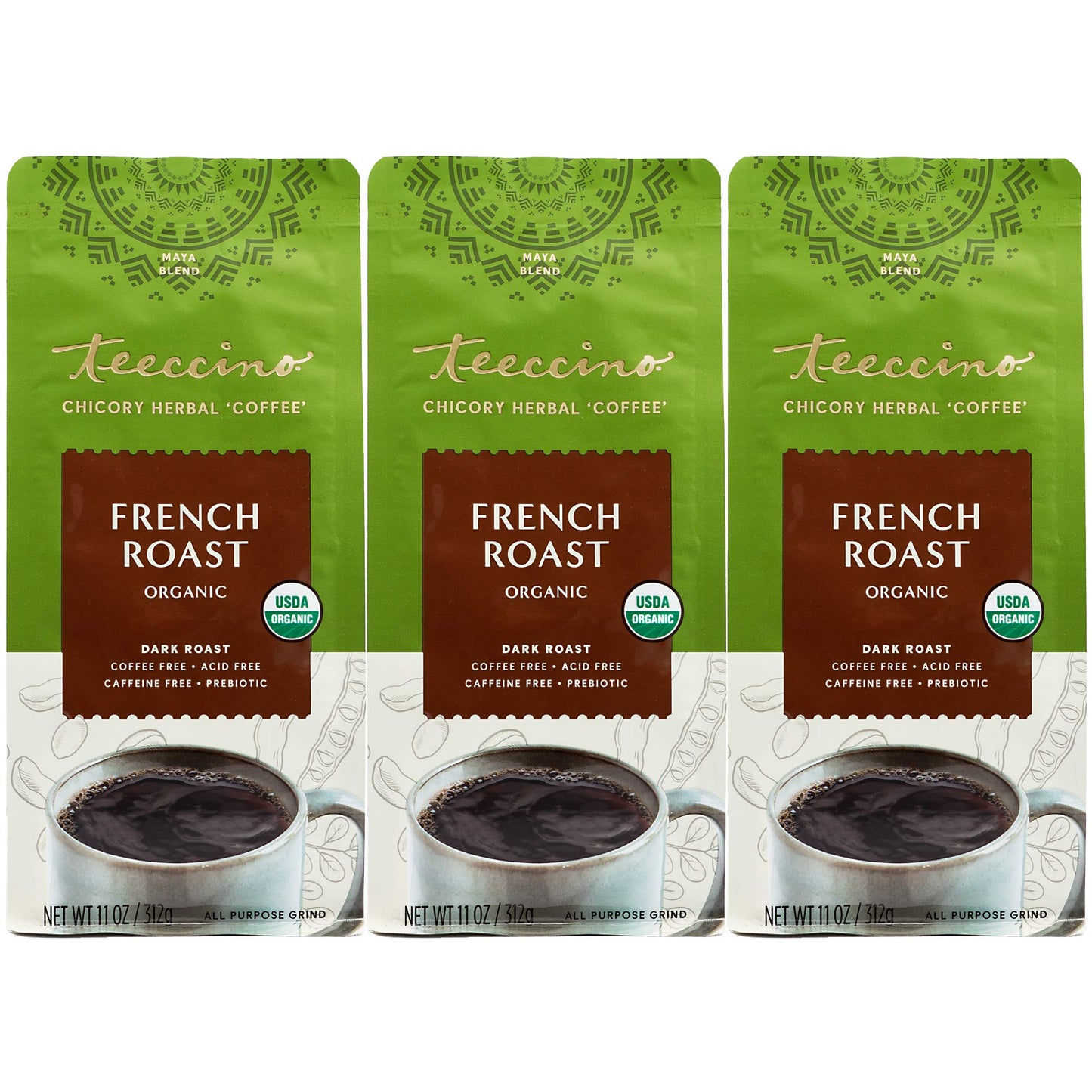 Teeccino French Roast Herbal Coffee Alternative, Caffeine-Free, Prebiotic, Dark Roast, 11 Ounce, Pack of 3