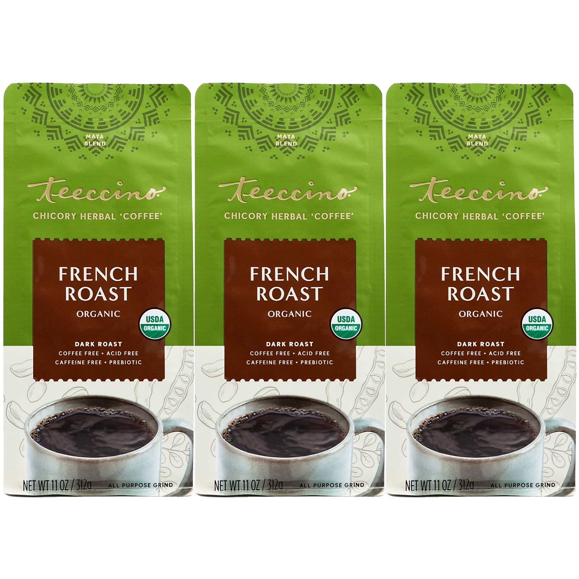 Teeccino French Roast Herbal Coffee Alternative, Caffeine-Free, Prebiotic, Dark Roast, 11 Ounce, Pack of 3
