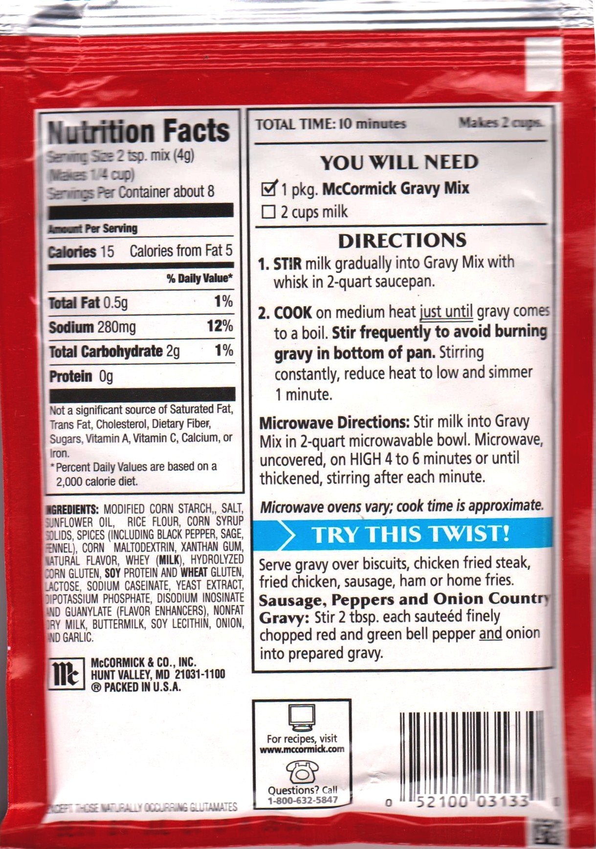 McCormick Sausage Country Gravy Mix (Pack of 4) 2.64 oz Packets