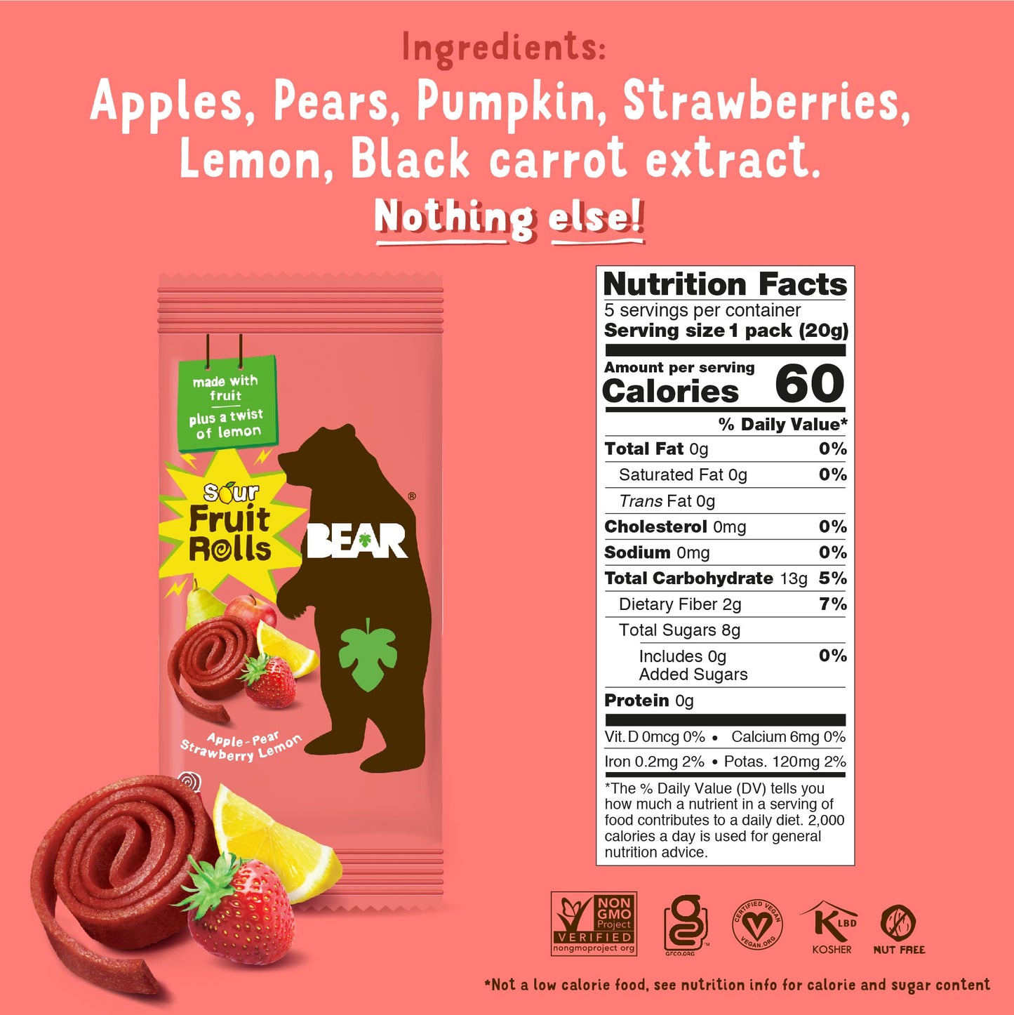BEAR Sour - Real Fruit Yoyos - Strawberry-Apple - 0.7 Ounce (5 Count) - No added Sugar, All Natural, non GMO, Gluten Free, Vegan