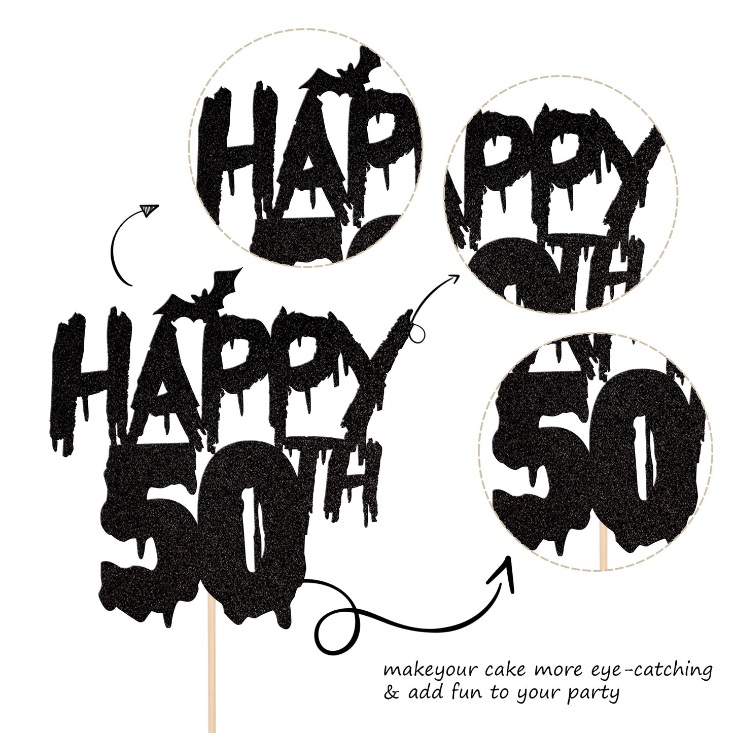 1 Pcs Halloween Theme Happy 50Th Birthday Cake Topper Glitter Cheers To 50 Years Bat Halloween Cake Pick For Halloween Happy 50T
