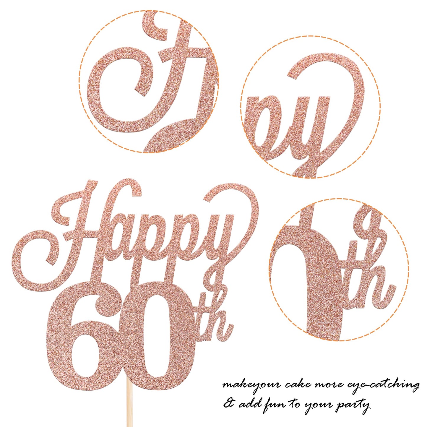 YCTHUNFISH Happy 60th Cake Topper Black Glitter Number 60, Rose Gold Bamboo Decoration for 60th Birthday Party Supplies