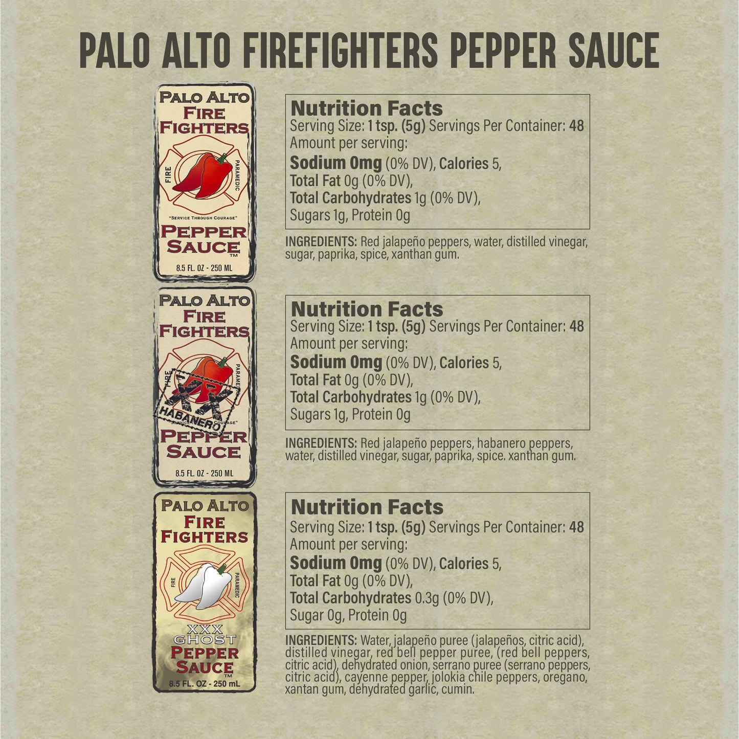 Palo Alto Firefighters Pepper Sauce (8.5oz) - Pack of 2 - Salt Free Pepper Plant Hot Sauce, No Sodium Hot Pepper Sauce, No Salt