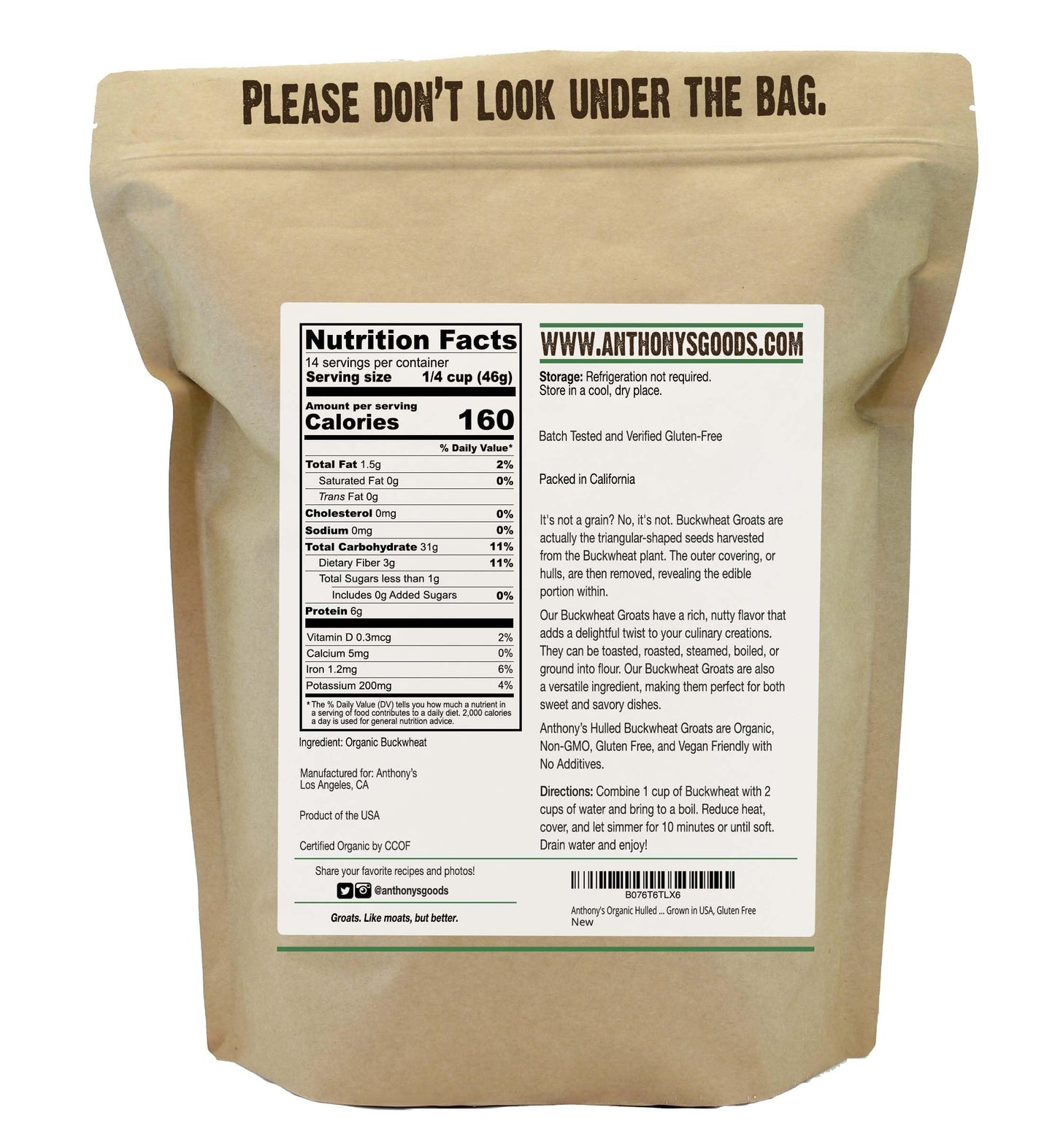 Anthony'S Organic Hulled Buckwheat Groats, 1.5Lb, Gluten Free, Non Gmo