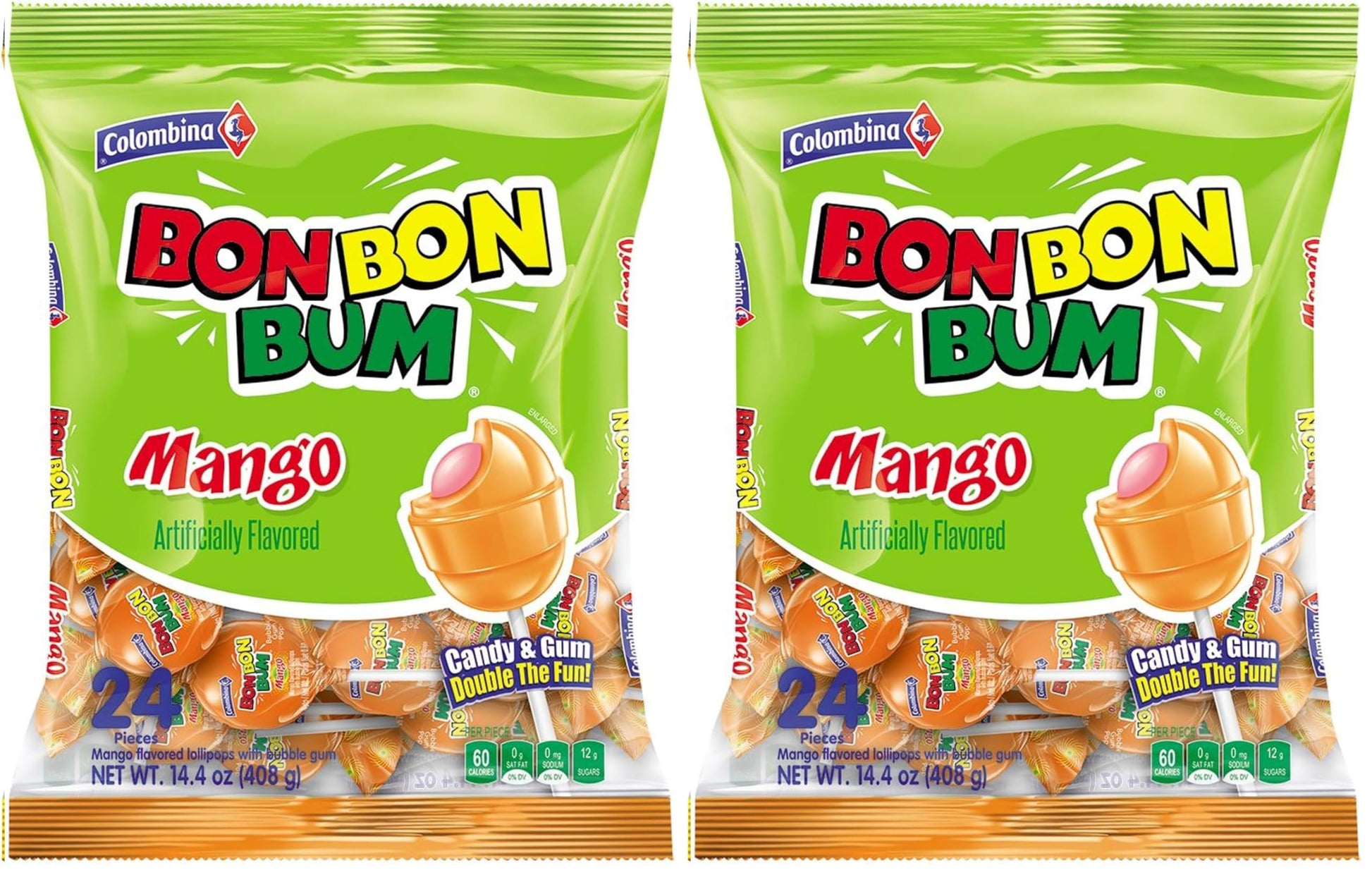 Colombina Bon Bon Bum Lollipops Mango Flavor, 24 Count (Pack of 2)