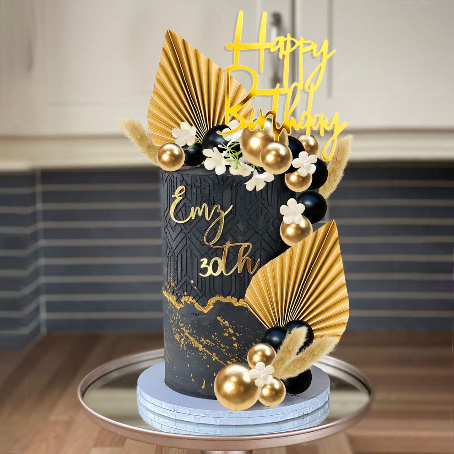 29 Pcs Flower Boho Cake Topper Balls Cake Decorations With Black And Golden Balls Palm Leaves Artificial Plants For Wedding Baby