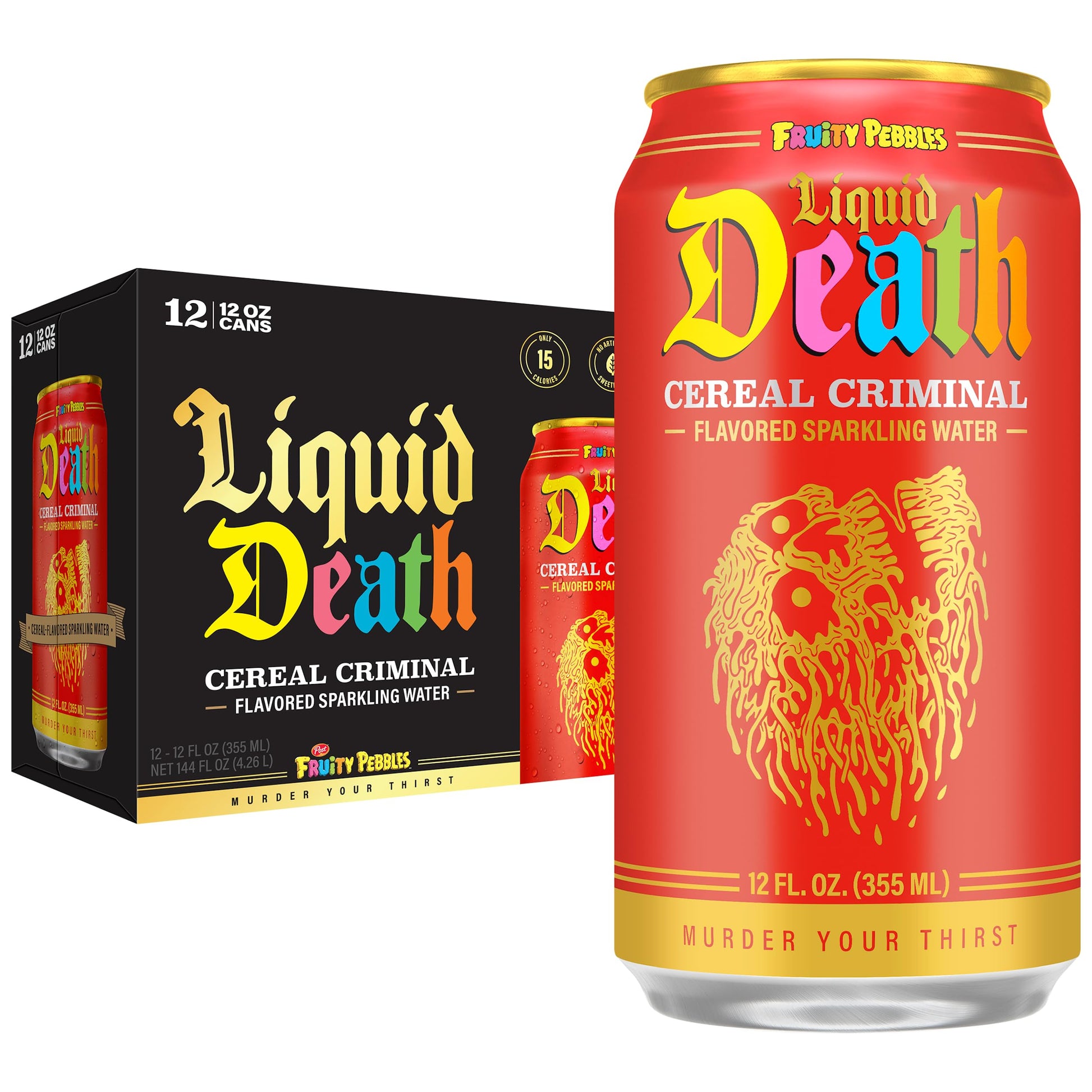 Liquid Death  Cereal Criminal  Fruitty Pebbles-Flavored Sparkling Water  12-Pack (12oz Cans)  Low Sugar  Huge Flavor & No Artificial Sweeteners