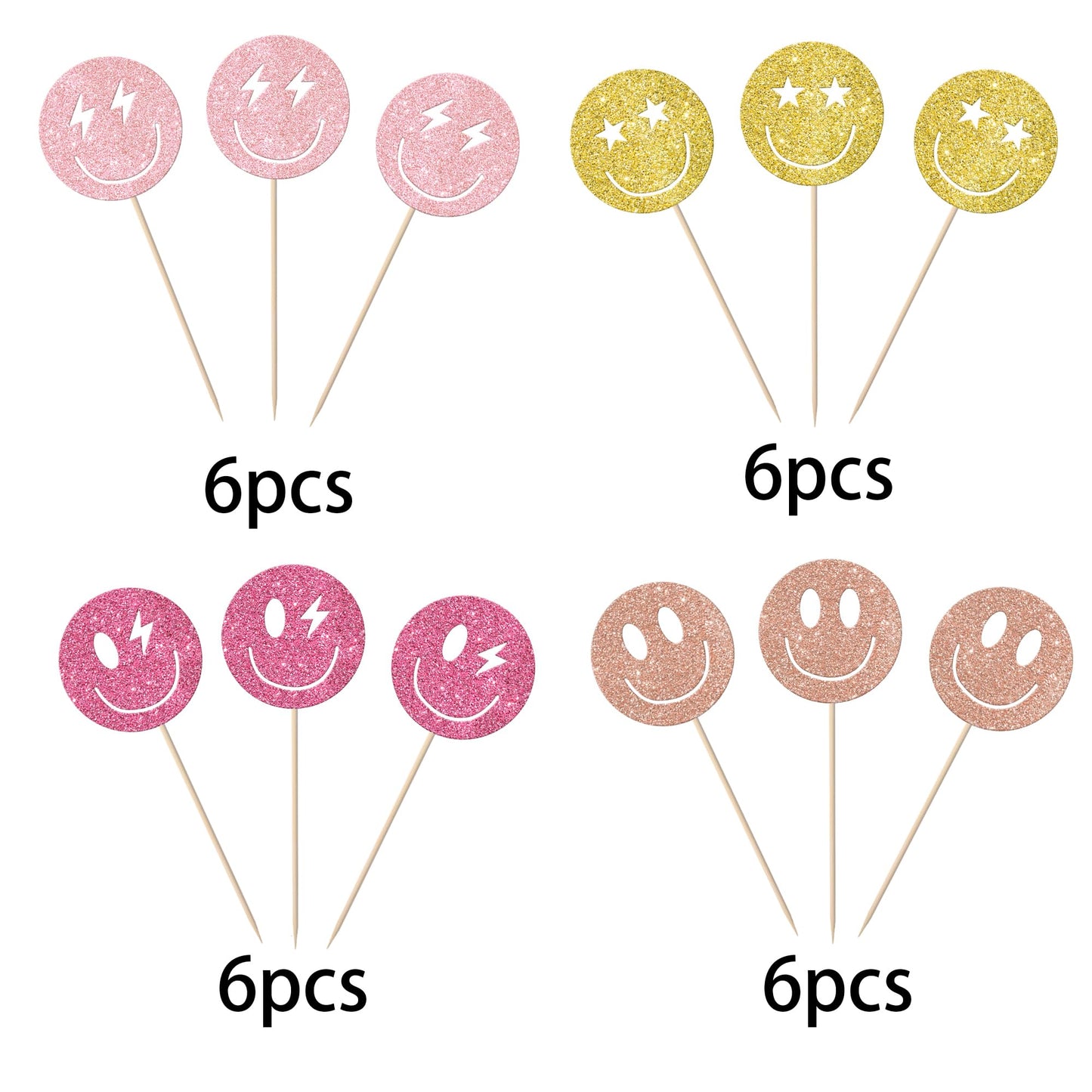 24 Pack Smile Face Cupcake Toppers Gold Glitter Cut Cupcake Picks Smiley Assorted Cupcake Toppers For Girls Baby Shower Birthday Party Cake Decorations Supplies Multi