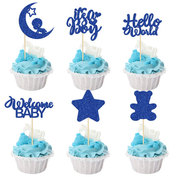 Gyufise 24Pcs Baby Shower Boy Cupcake Toppers With Moon Star Bear Light Blue Glitter It'S A Boy Welcome Baby Hello World Baby Bo