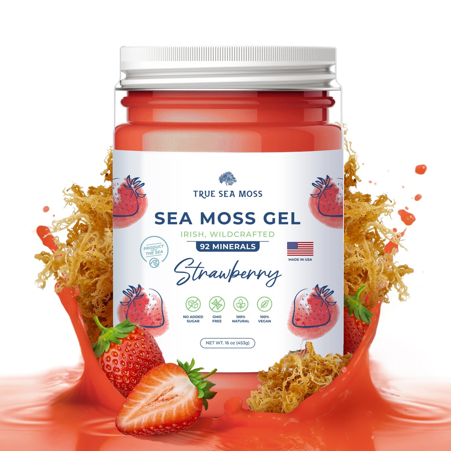 TrueSeaMoss Wildcrafted Irish Sea Moss Gel - Organic Raw Sea Moss, Vegan-Friendly, 12 Ounce, Strawberry Flavor