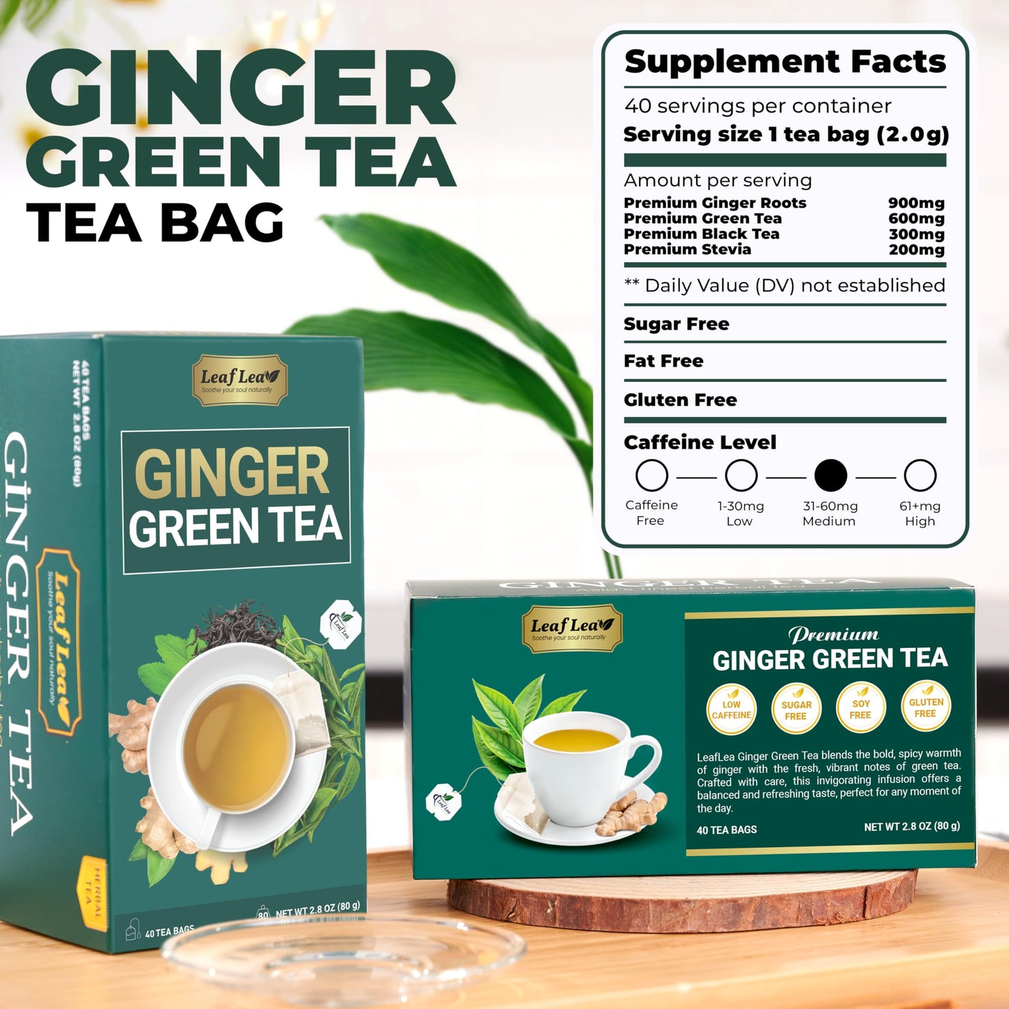 LeafLea Ginger Green Tea, 40 Individually Wrapped Bags, Soothing Green Tea Blend, Low Caffeine, Sugar-Free