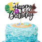 1 PCS Moana Inspired Cake Topper Black Glitter Palm Leaf Flower Happy Birthday Cake Pick Decoration for Tropical Hawaiian Luau T