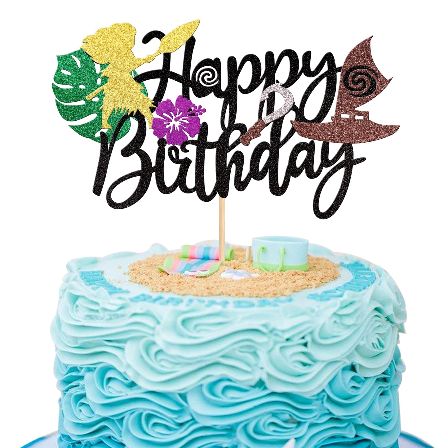 1 PCS Moana Inspired Cake Topper Black Glitter Palm Leaf Flower Happy Birthday Cake Pick Decoration for Tropical Hawaiian Luau T